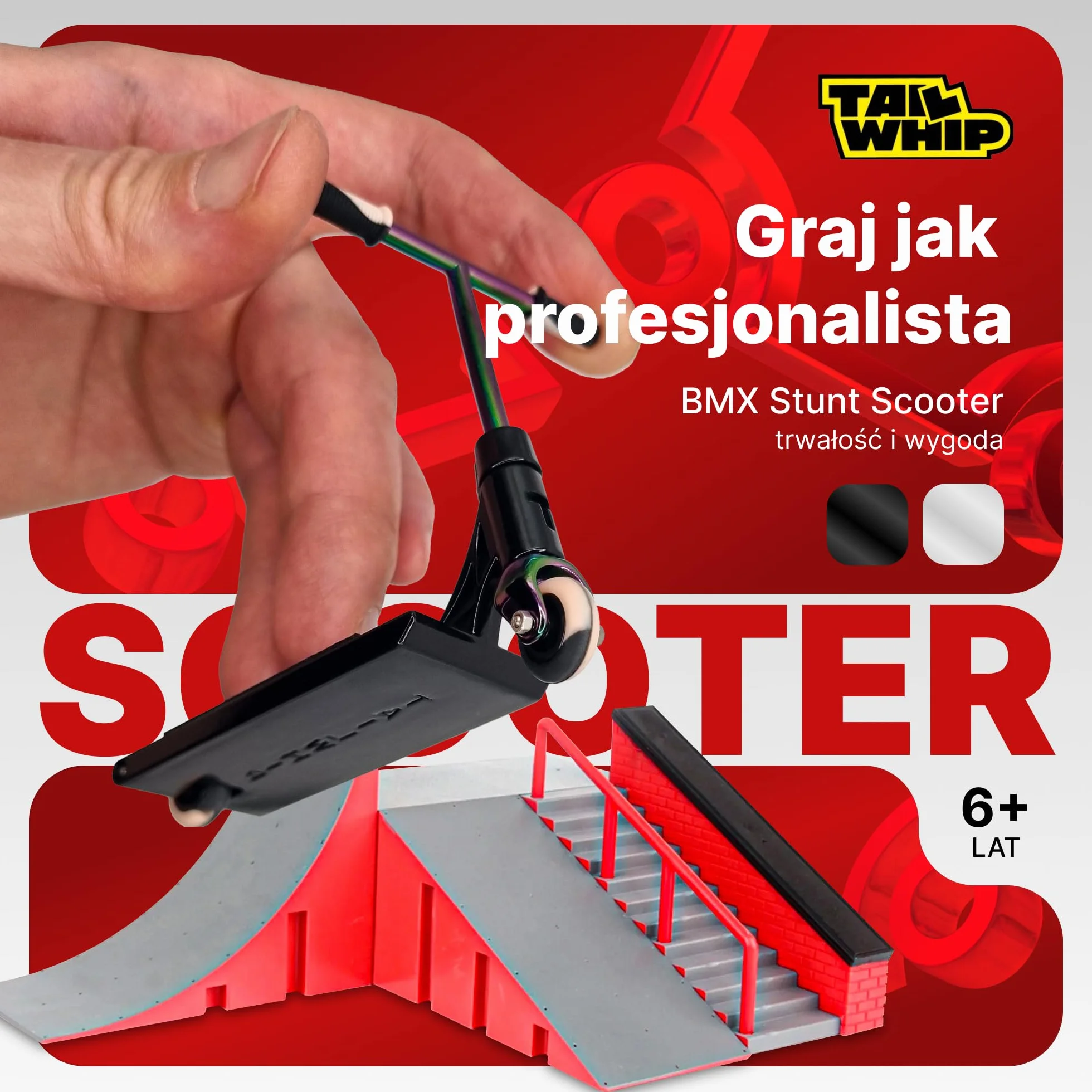 TAILWHIP Finger Scooter z Metalu, Mini Hulajnoga na Palce do Imponujących Sztuczek, Zabawka Rozwijająca Motorykę Ręczną, Kompatybilna z Finger Tech Deck Skateboard Skatepark Bike BMX, czarny