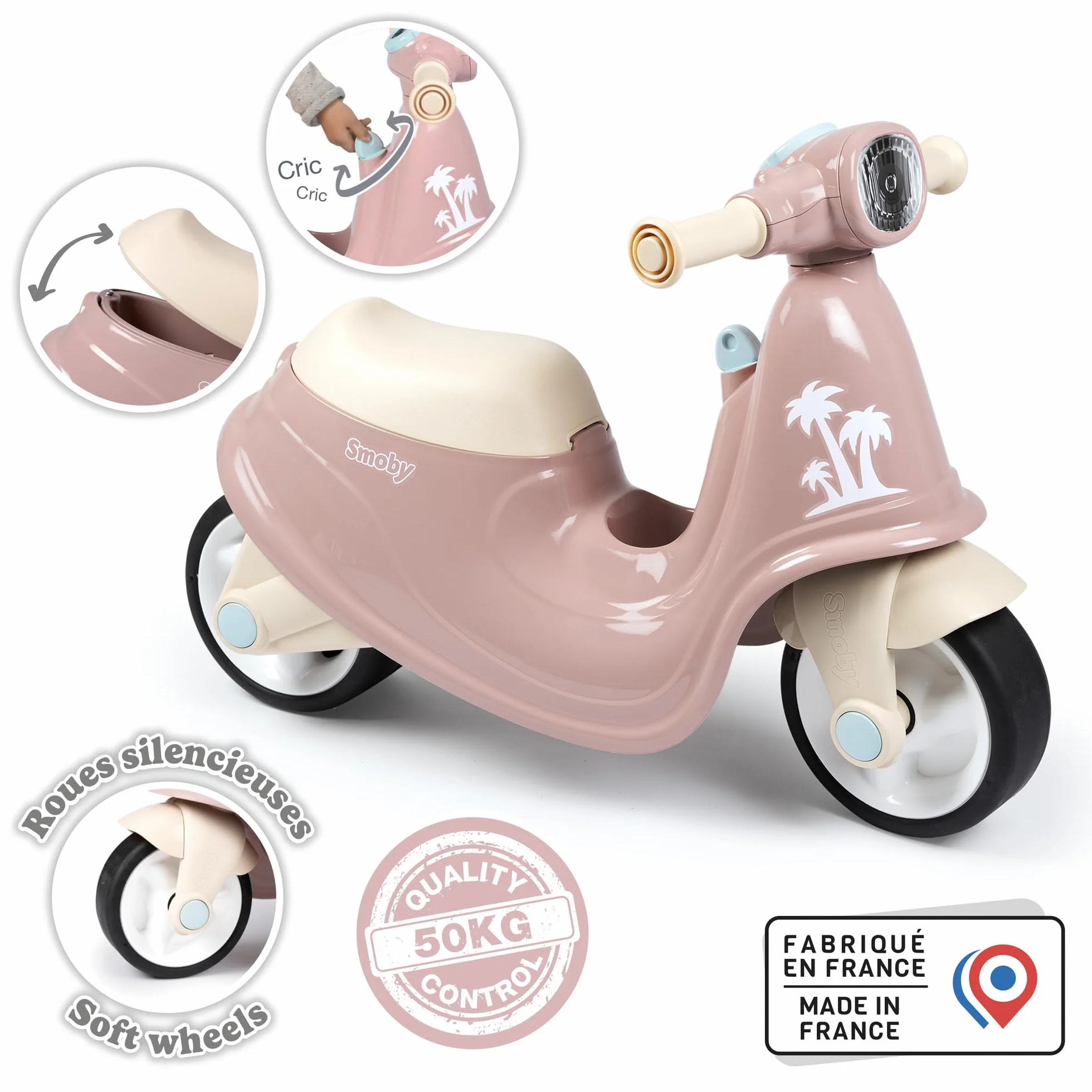 Smoby - Różowy skuter jeździk - Realistyczny design - Mechaniczny kluczyk, Przedni reflektor - Ciche koła - Skrzynia na zabawki - Od 18 miesięcy