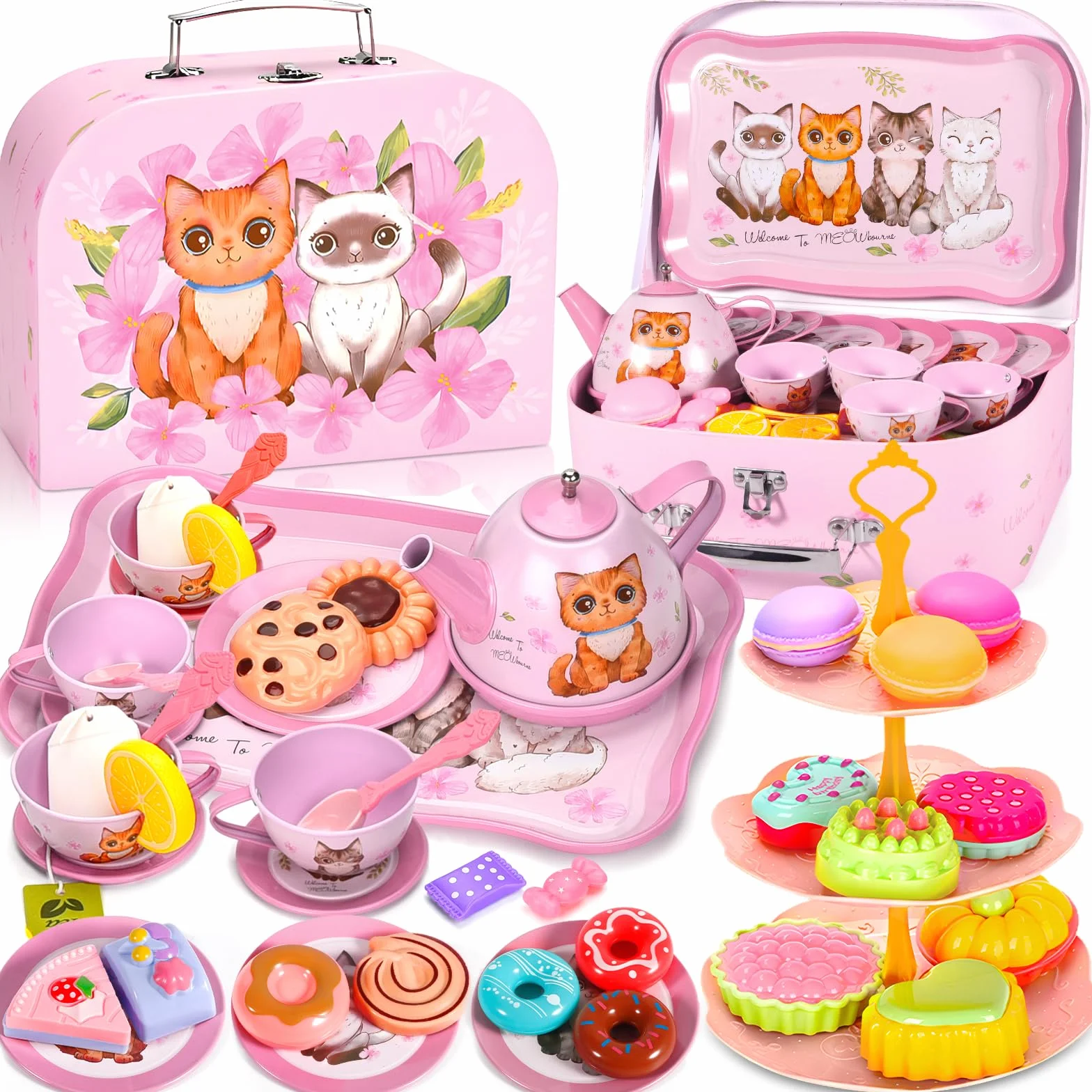 ZLPBAO 48 sztuk Zestaw do herbaty dla dzieci, zastawa stołowa dla lalek Zestaw kuchenny dla dzieci z blaszanym czajnikiem, Kitchen Tea Party