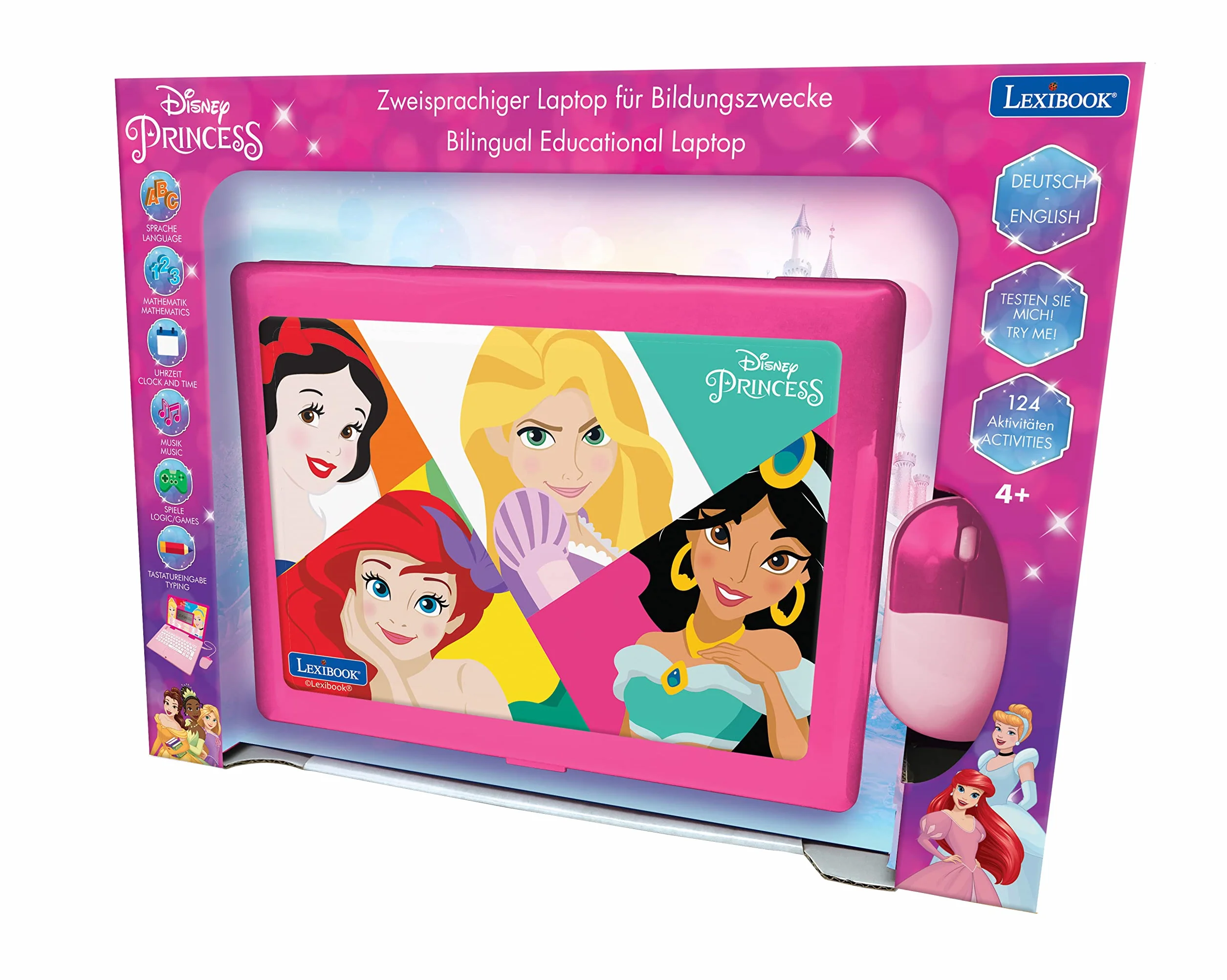 Lexibook, Disney Princess, edukacyjny i dwujęzyczny laptop, niemiecki/angielski, zabawka dla dziewcząt z 124 aktywnościami do nauki, grania w gry i muzykę, różowy, JC598DPi3