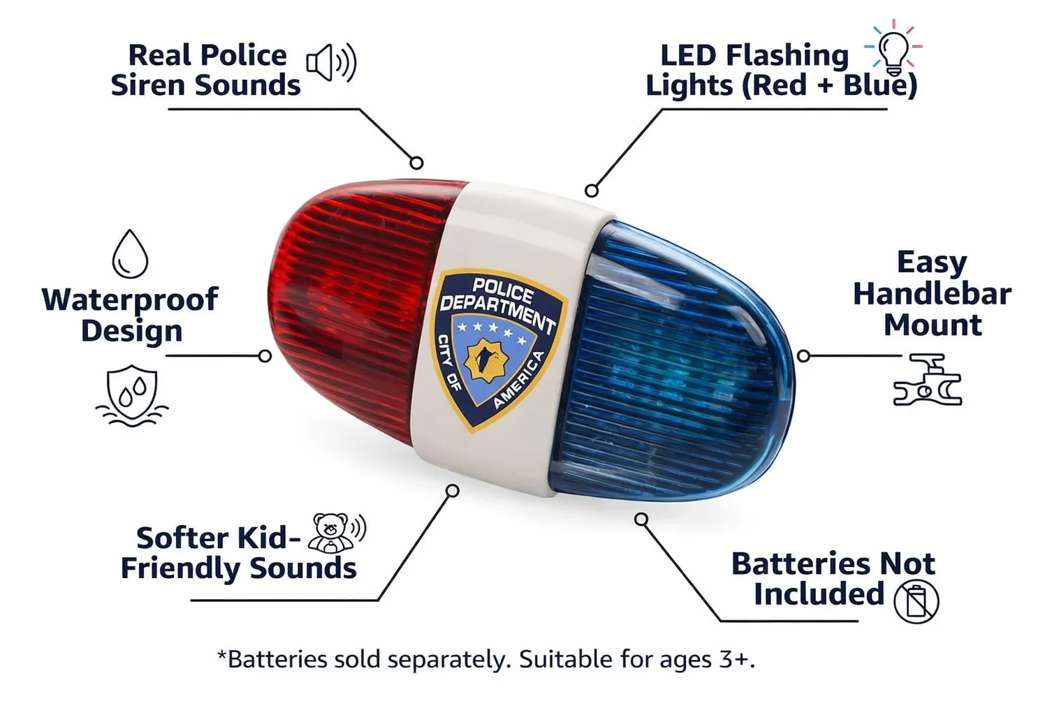 Kids Bike Tech światło LED - Police Dźwięk Światło Elektroniczny Horn - Bicycle Syrena, 5 LED 4 Dźwięki trąbki światło