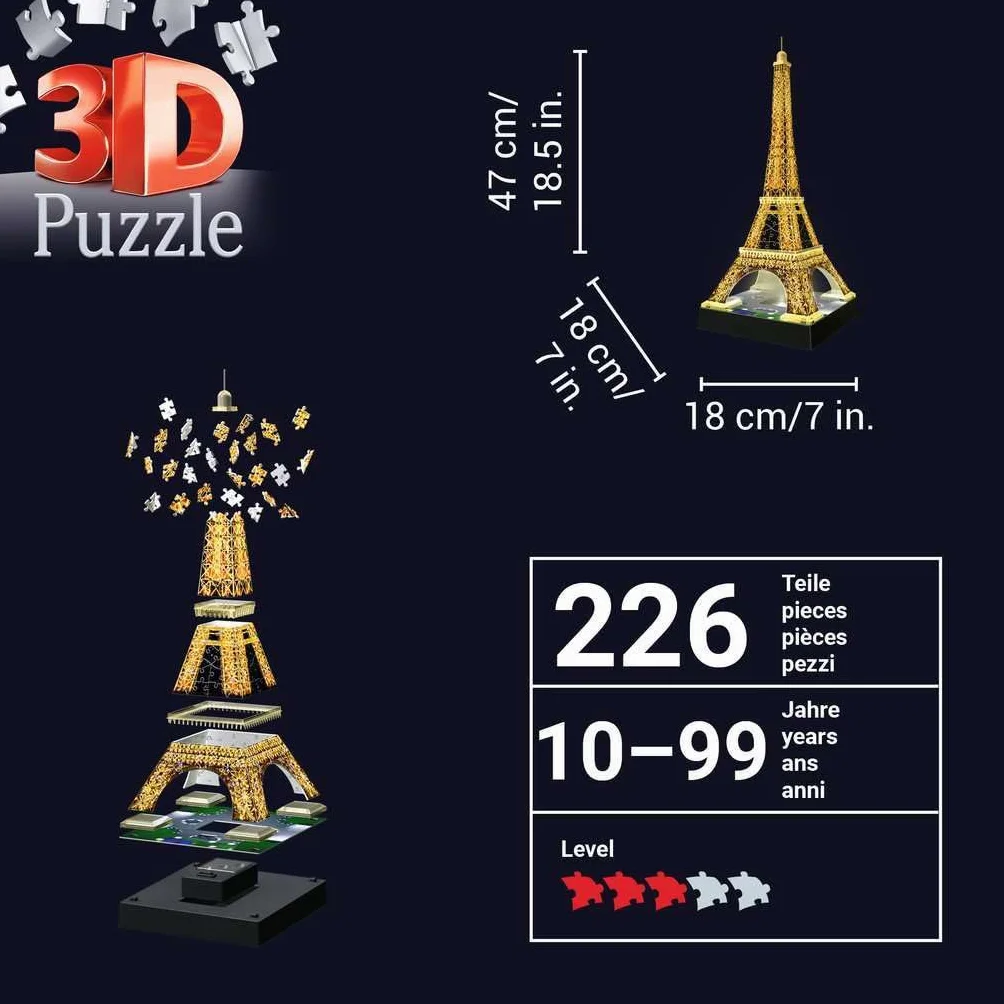 Ravensburger Puzzle 3D 12579 Ravensburger Wieża Eiffela 216 Elementów Puzzle 3D Budynki Nocą (12579) Dla Dzieci I Dorosłych. Technologia Easy Click - Każdy Element Pasuje Idealnie,Meerkleurig