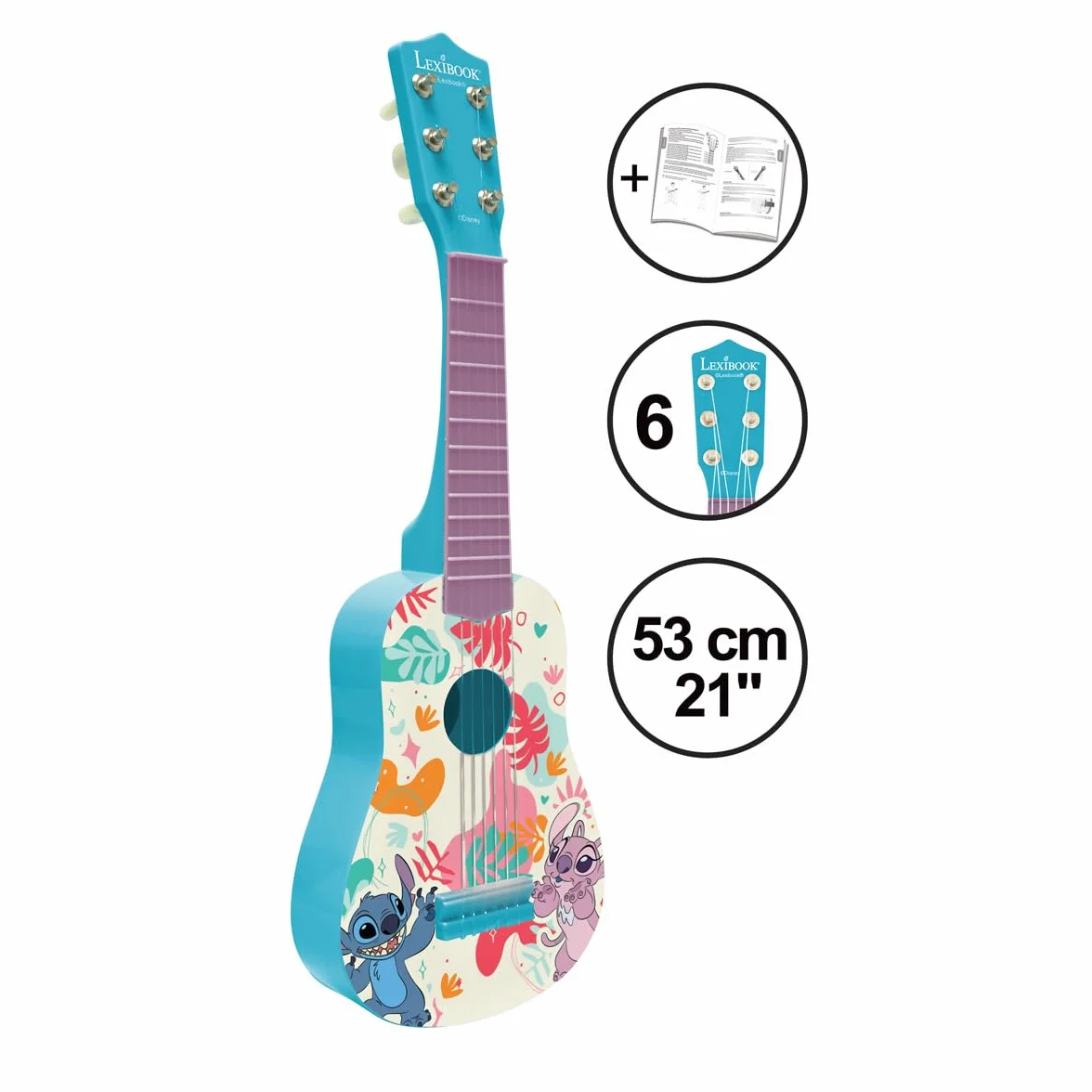 Lexibook, Disney Stitch, Moja Gitara dla Dzieci, 6 Nylonowych Strun, 53 cm, Dołączony Przewodnik, Niebieska, K200D