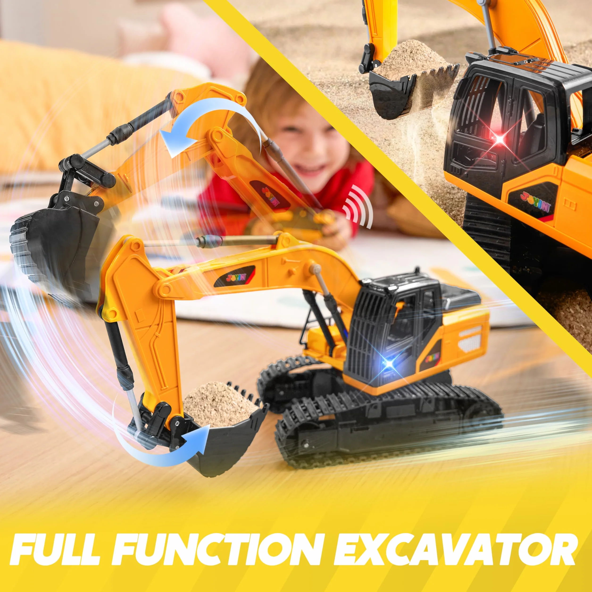 JOYIN Koparka zdalnie sterowana RC Digger traktor zabawki dla chłopców, 2,4 Ghz, RC koparka zabawka ze światłem, pojazdy budowlane, zabawki, samochód dla chłopców w wieku 3, 4, 5, 6, 7, 8-12 lat