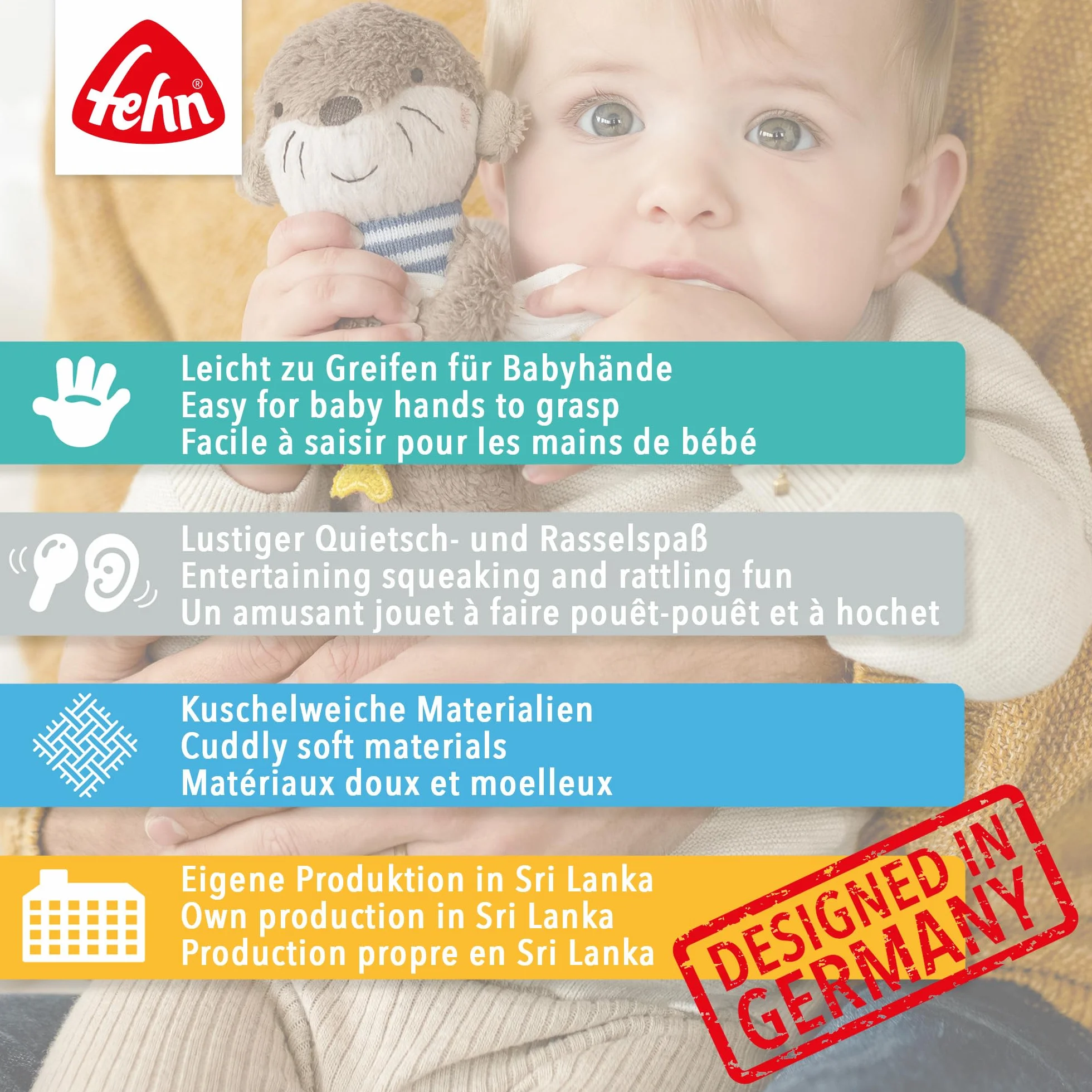Fehn Stabgreifling Otter – Kuscheltier-Greifling zum Rasseln, Quietschen, Fühlen, Spielen – ein treuer Begleiter für Babys und Kleinkinder ab 0+ Monaten