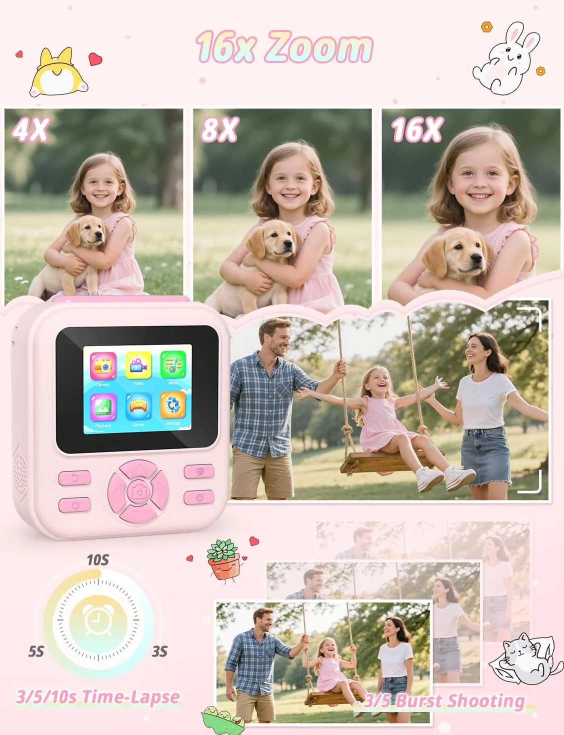 YOHOOLYO Aparat błyskawiczny dla dzieci, 2,4-calowy aparat błyskawiczny dla dzieci z kartą 32 GB i 3 rolkami papieru, cyfrowe zabawki wideo HD 1080P, prezenty urodzinowe w