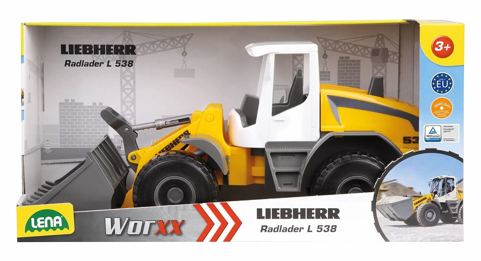 Lena Worxx Liebherr L538 Litronic 48 cm, realistyczny pojazd na plac budowy, wytrzymała zabawka z funkcjonalną szuflą i uchwytem, dla dzieci od 3 lat, żółta