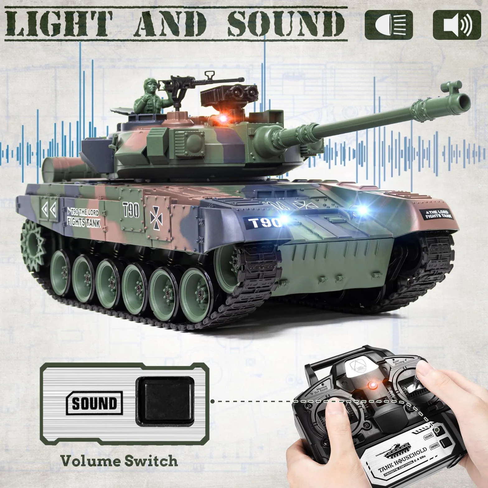 Supdex Czołg RC 1:18, 2,4 GHz RUS T-90 zdalnie sterowany model czołgu zabawki, armia bojowa z dymem, lekki dźwięk, przełącznik głośności, zabawka wojskowa dla dorosłych i dzieci, która strzela BBS