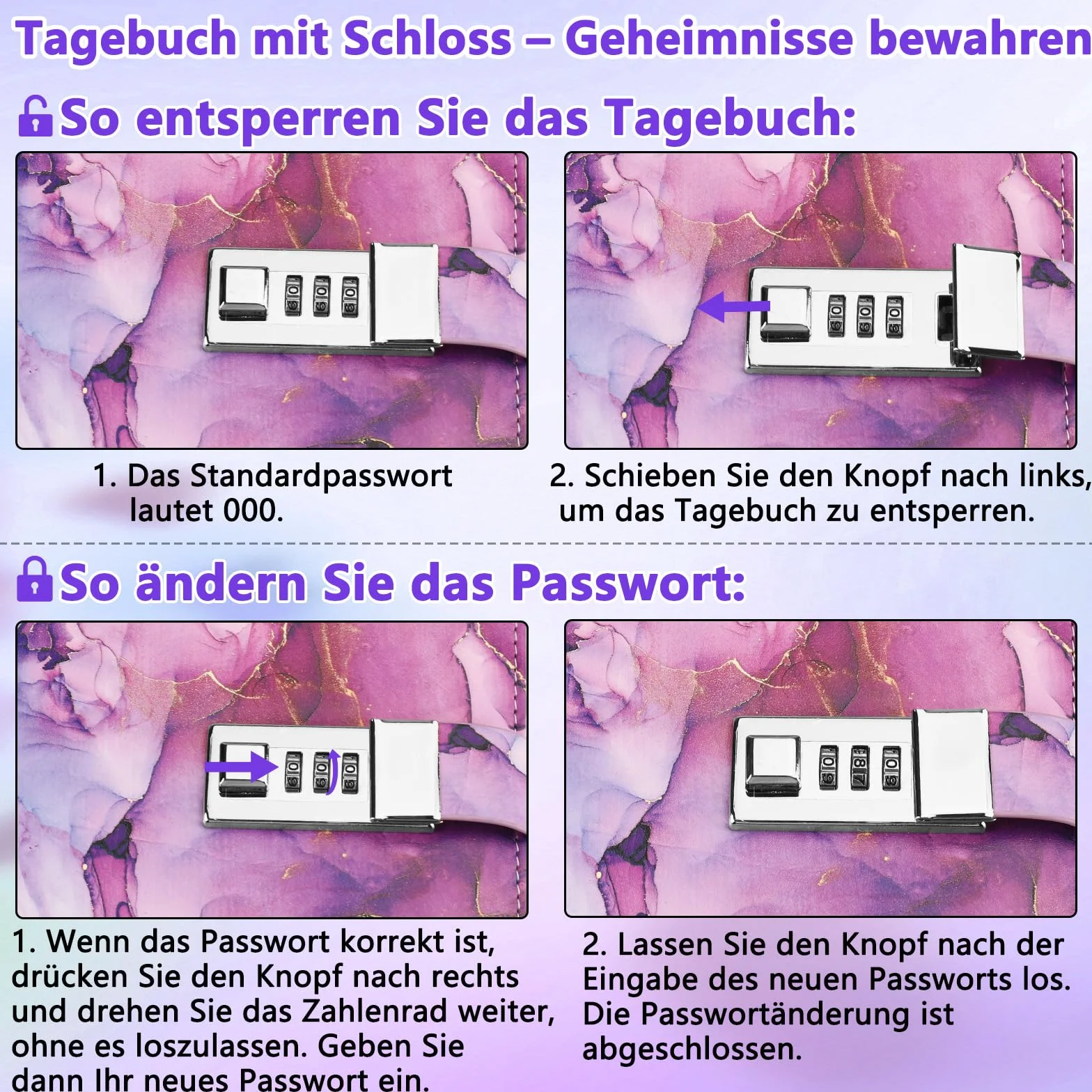 Pamiętnik z kodem dla dziewcząt, format A5, zestaw do pisania dla dziewcząt z zamkiem szyfrowym, dziennik nastolatków z zamkiem w kolorze fioletowym, pudełko prezentowe z piórnikiem