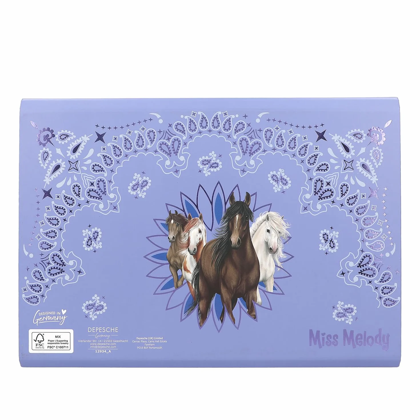 Depesche 12934 Miss Melody Bandana - papeteria w fioletowej teczce z motywem konia, w tym 24 papiery firmowe w 3 wzorach i 18 kopert