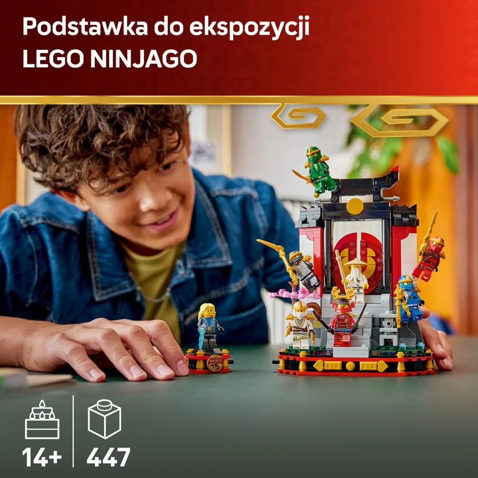 LEGO NINJAGO Ozdoba z postaciami ninja — 15-lecie, kolekcjonerski zestaw konstrukcyjny dla chłopców i dziewczynek, podstawka z ośmioma minifigurkami, pomysł na prezent urodzinowy dla 14-latka 71866
