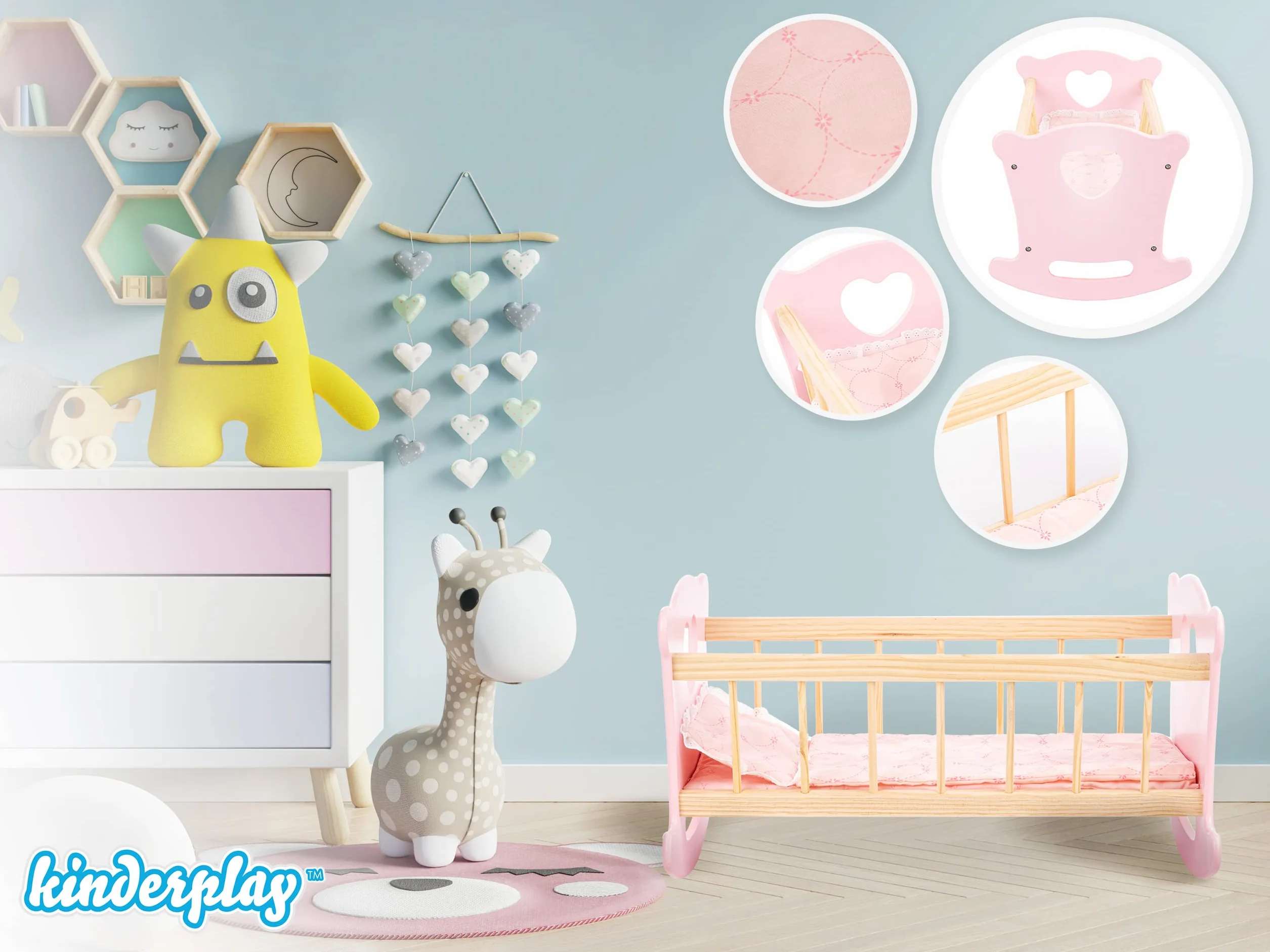 Kinderplay Łóżeczko dla Lalki, Kołyska dla lalki – Zestaw Kołyska plus Kołderka, Poduszeczka oraz Prześcieradło, dla laki o max. długości 49.5 cm., model GS2101