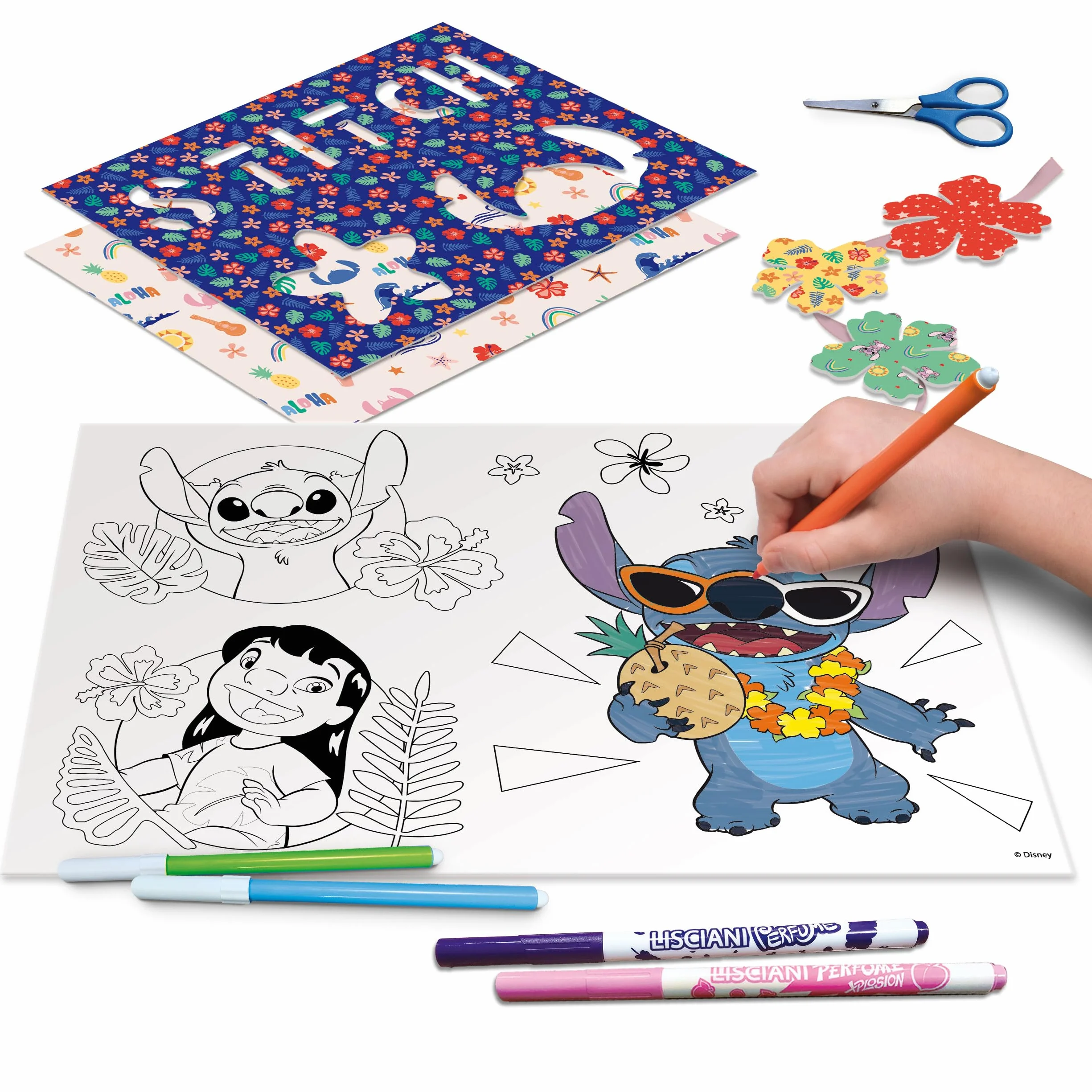 Liscianigiochi Lisciani Disney Stitch - szkoła rysowania projekcyjnego dla dzieci od 5 lat - naucz się rysować ściegiem na lekkim stole A4 - zawiera szablony, naklejki, filc zapachowy i nie tylko