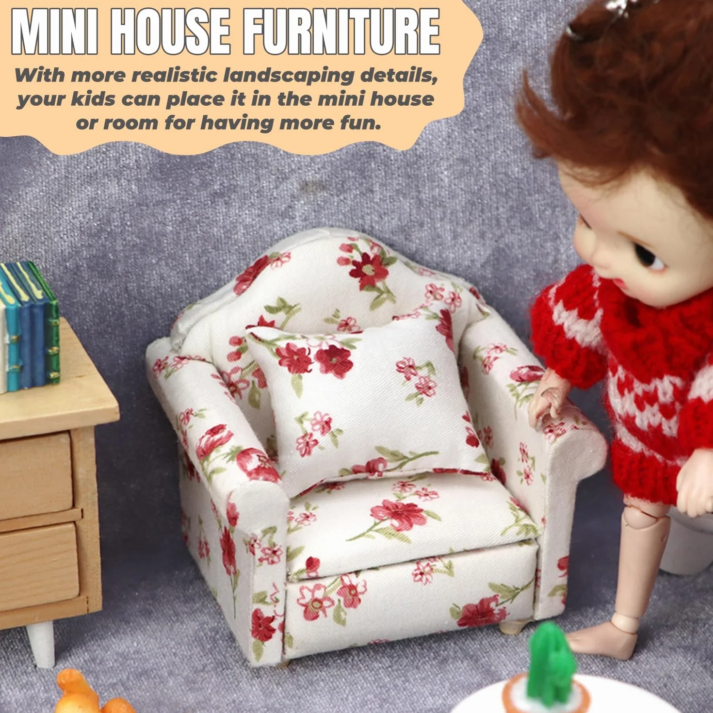 Miniaturowe meble domek dla lalek zestaw kanapa fotel 1/12 model zrób to sam różowe kwiaty