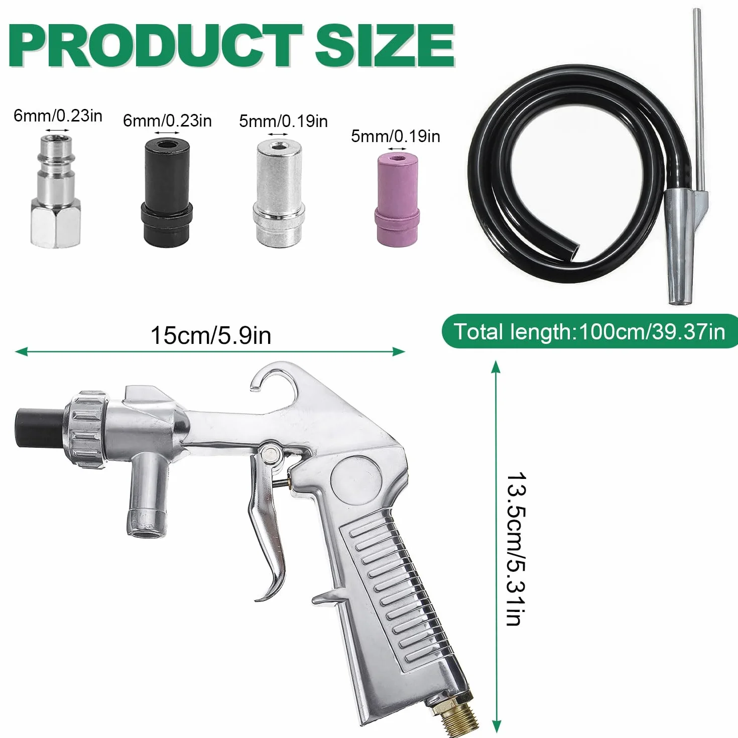 Pistolet do piaskowania 6-częściowy zestaw sprężonego powietrza, dysza ceramiczna, dysza żelazna, piaskarka, aluminium, wąż gumowy, rura ssąca, urządzenie do piaskowania z wężem gumowym (1 m), do