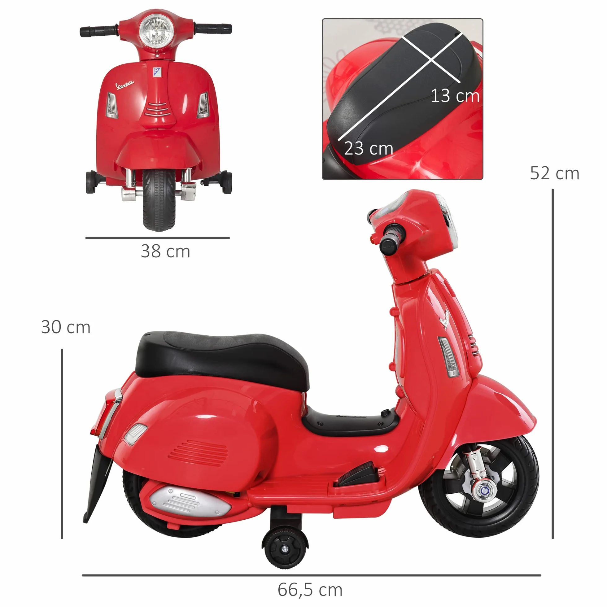HOMCOM VESPA motocykl elektryczny motocykl dla dzieci pojazd elektryczny 18-36 miesięcy 3 km/h światła LED dźwięk tworzywo sztuczne PP metal kolor czerwony 66,5 x 38 x 52 cm