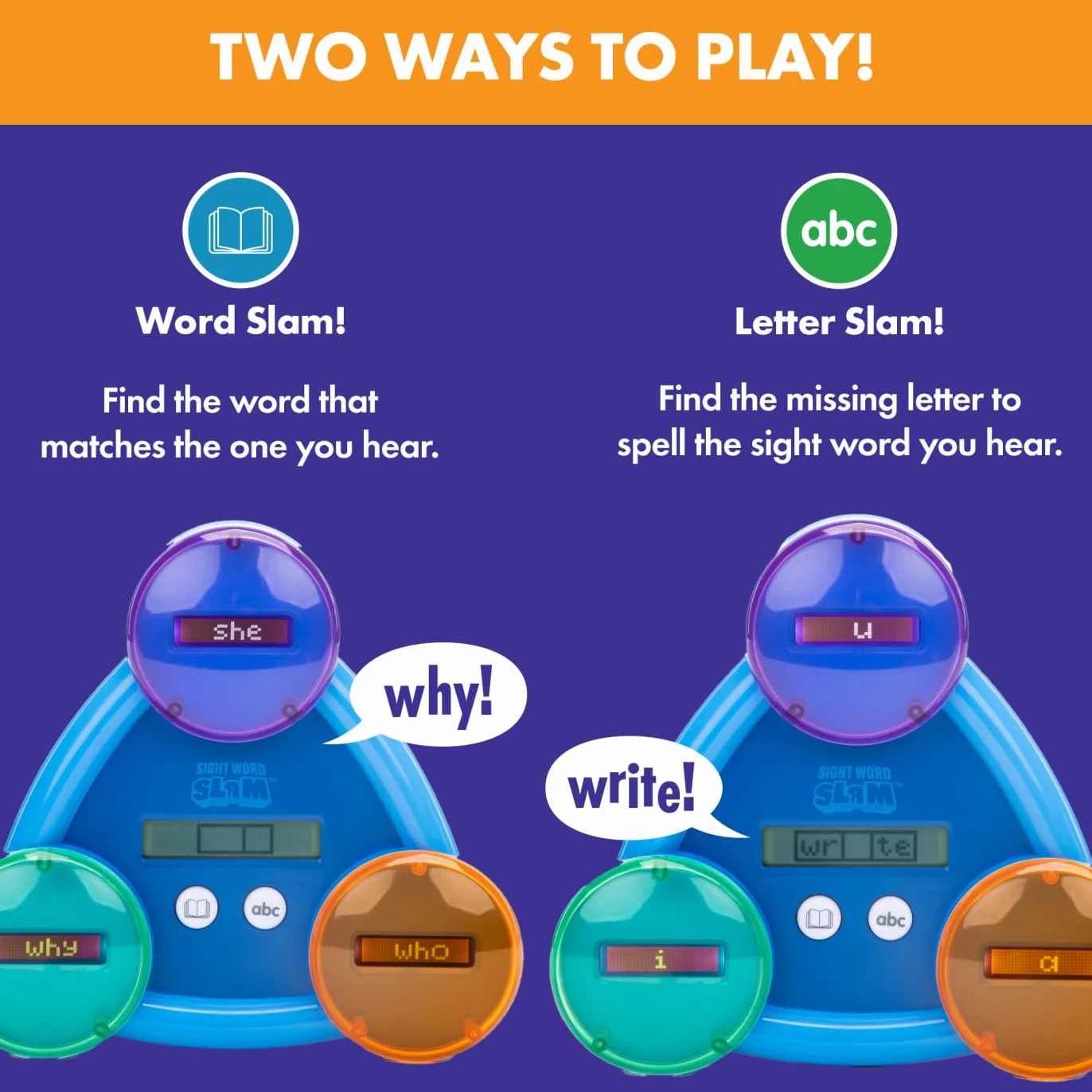 Learning Resources Sight Word Slam, wiek 5+, nauka ponad 185 wizualnych w języku angielskim, 2 tryby, elektroniczna gra słowna dla 1 gracza, gry fonetyczne, wielokolorowe, EI-8434