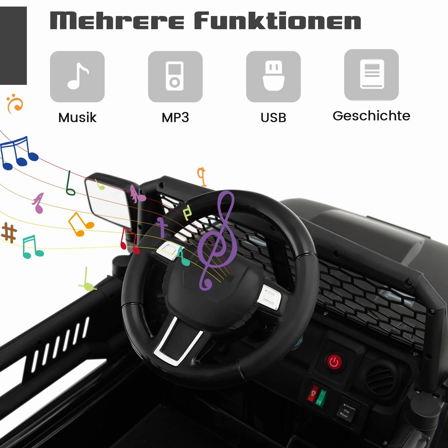 COSTWAY Elektryczny samochód dla dzieci, 12 V, z pilotem zdalnego sterowania, muzyką, USB i reflektorem, pojazd dziecięcy 2,5-4,5 km/h, samochód dla chłopców i dziewczynek od 3 lat (czarny)