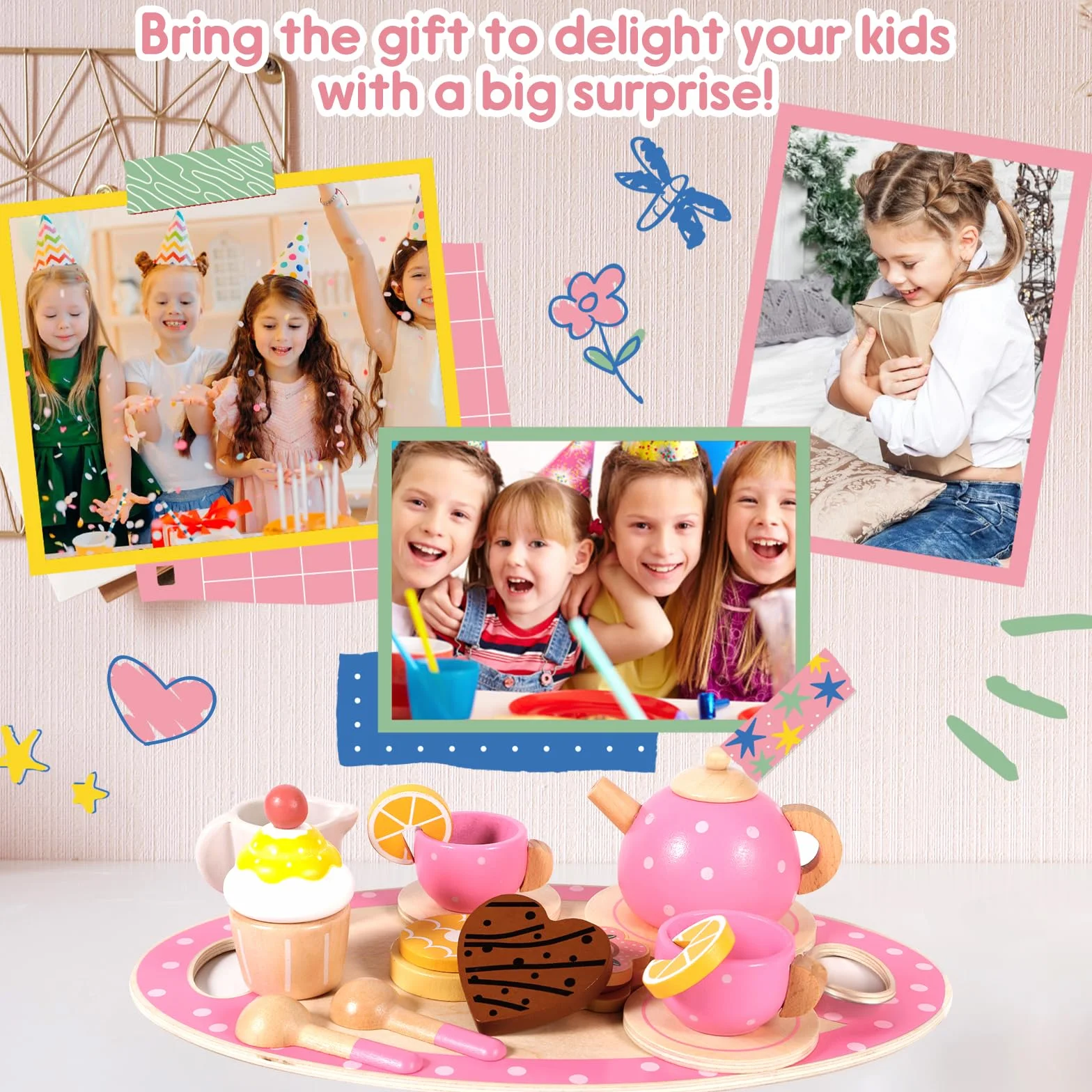 Drewniane zestawy do herbaty, zestaw do herbaty z zabawkami Montessori, zestaw do jadalni dla dzieci, drewniana zabawka kuchenna do udawania dla dzieci dziewczynki 3 4 5 6 7 lat, różowy