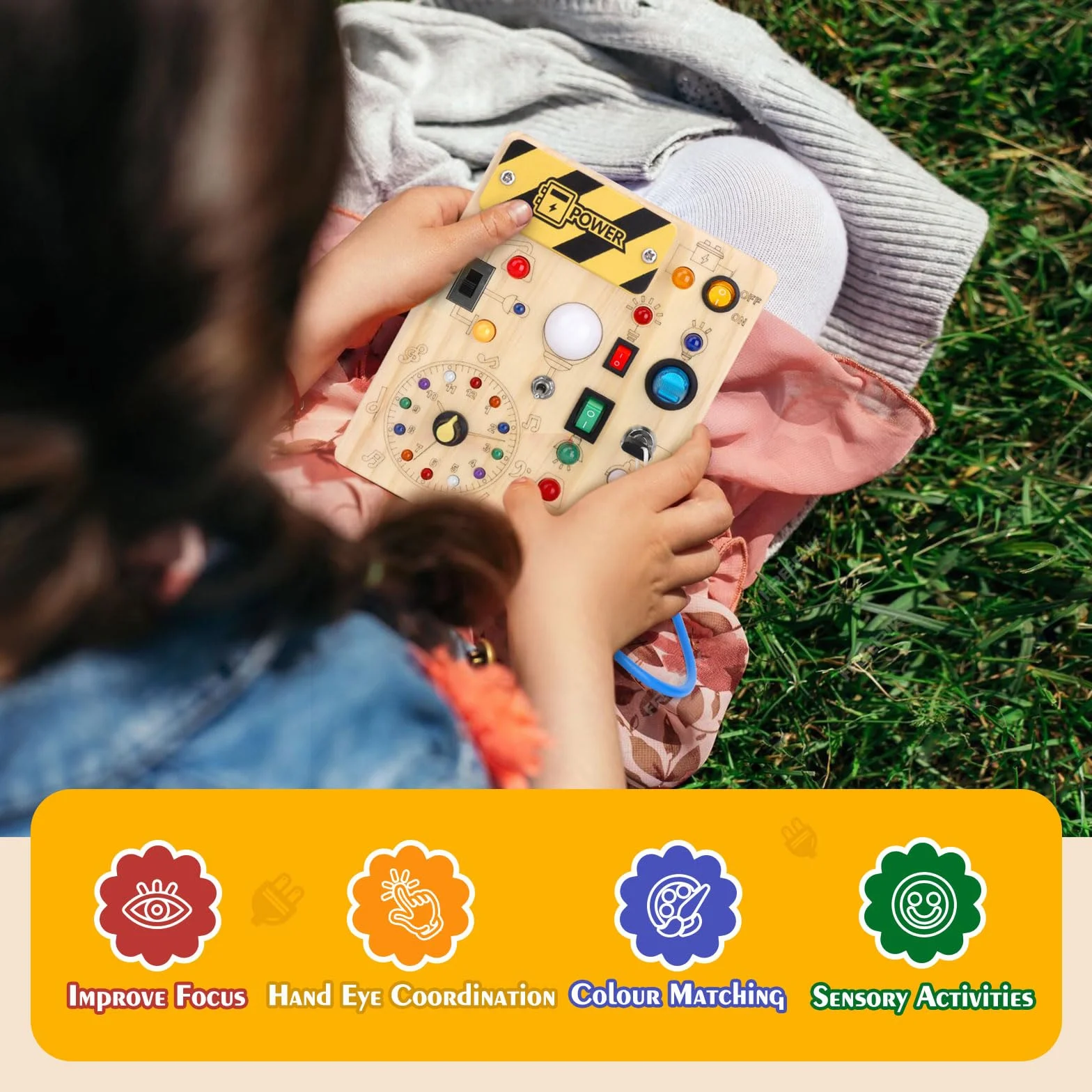 Montessori Busy Board – Drewniana tablica aktywności dla maluchów 1-3 lat, 10 przełączników, 23 diody LED, zabawki sensoryczne