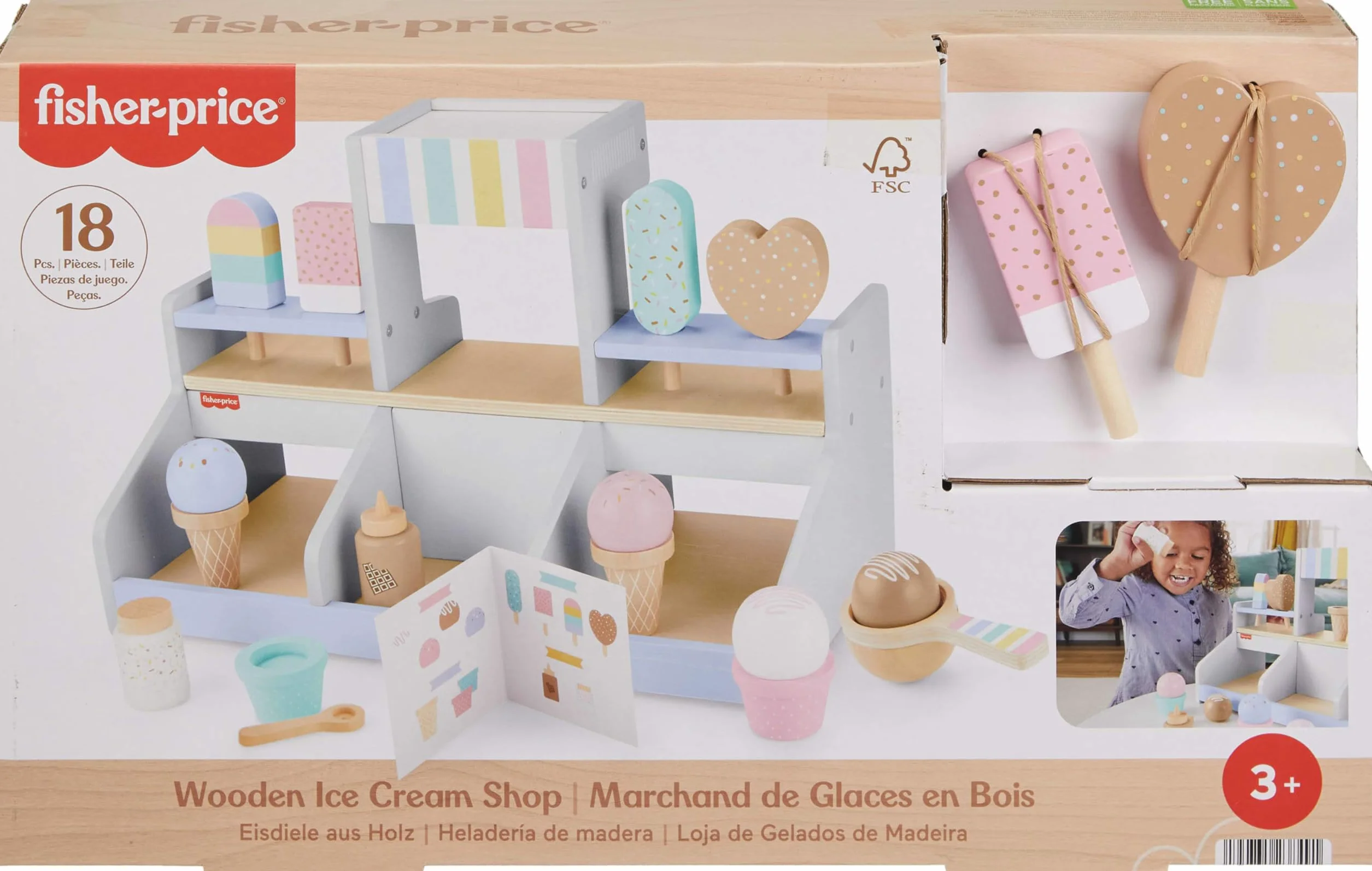 Fisher-Price Drewniana lodziarnia Zestaw z 18 elementami do zabawy w naśladowanie Drewniana zabawka dla 3 latków i starszych maluchów, HXV21