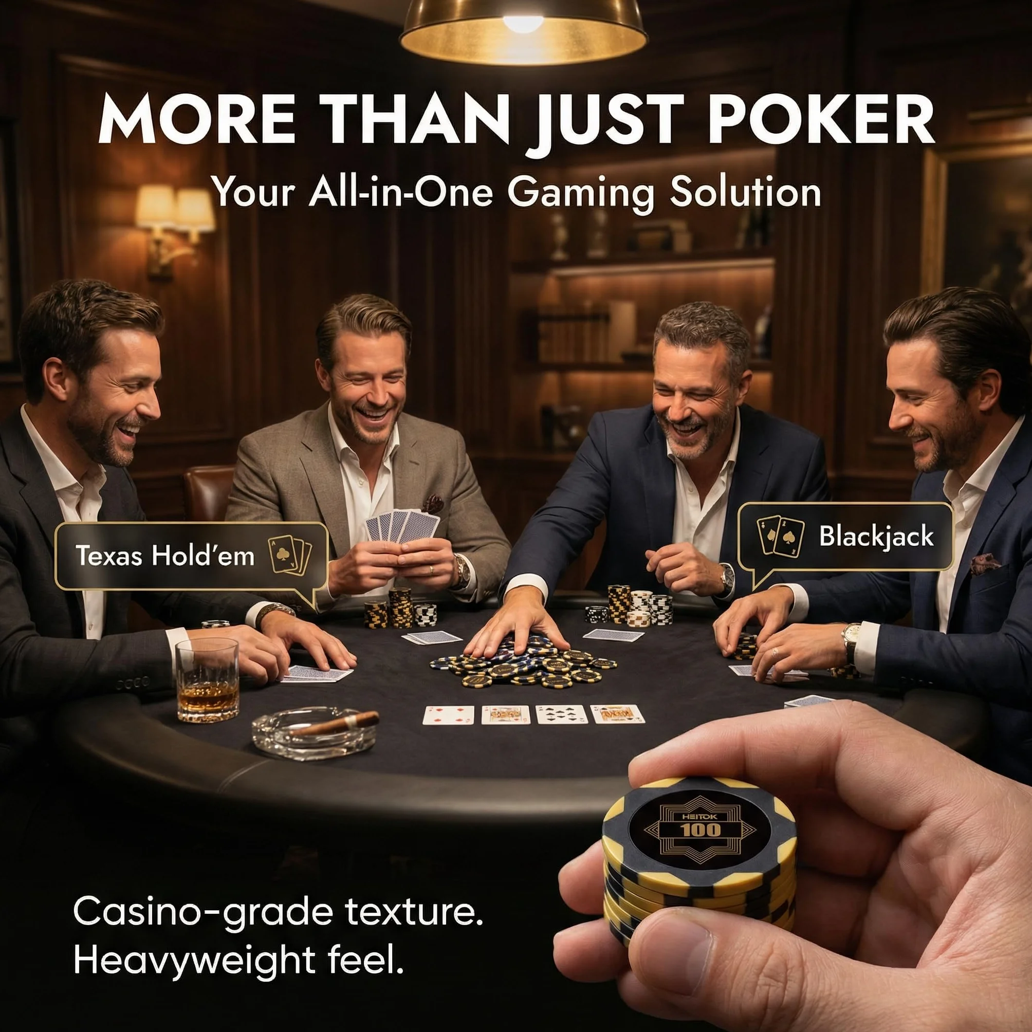 HEITOK Zestaw do pokera 300 żetonów 14g gliniane kompozytowe z metalowym rdzeniem, profesjonalna walizka aluminiowa, karty, kości i przyciski blind, kompletny zestaw Texas Holdem Casino
