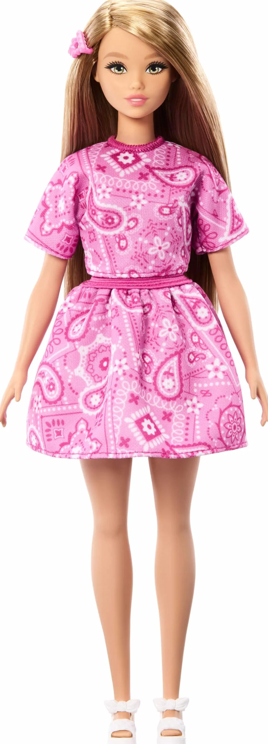 Barbie Fashionistas Lalka modowa #249, różowy strój we wzór paisley, blond włosy, różowa spódniczka i koszulka, białe sandałki na platformie, zabawka dla dzieci 3+, JJN62