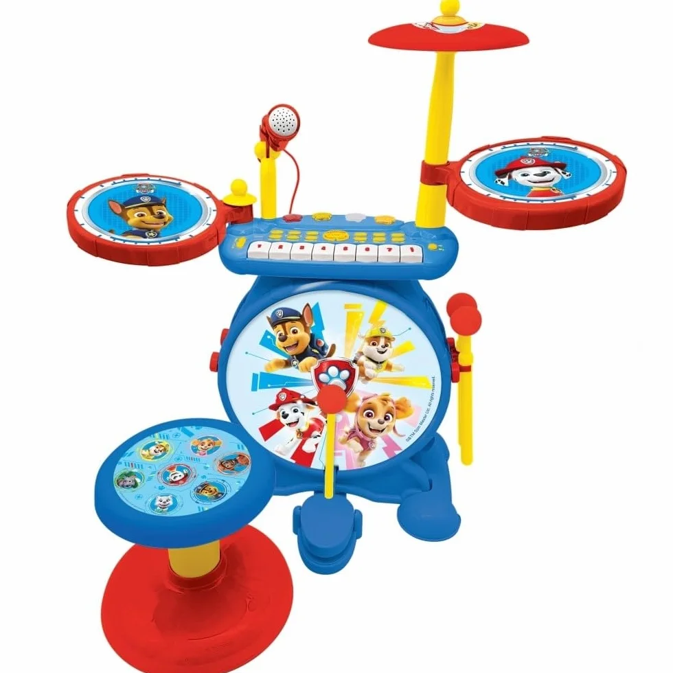 Lexibook K610PA Paw Patrol Chase Elektroniczny Zestaw dla Dzieci, Muzyczna Zabawka, Realistyczny Dźwięk Perkusji, 8-Klawiszowa Klawiatura, Wtyczka Mp3, Siedzisko w Zestawie, Niebieski, Czerwony