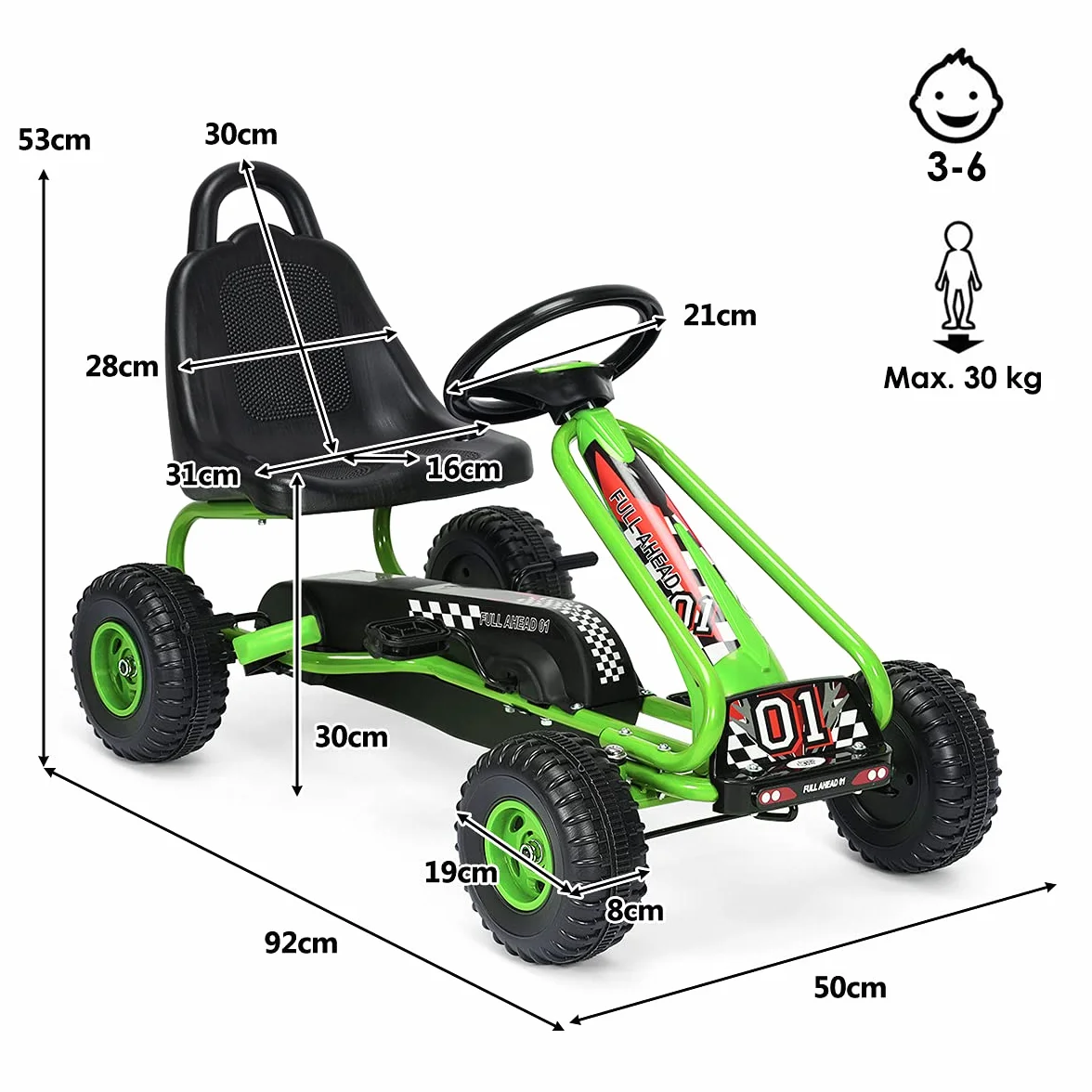 COSTWAY Gokart z regulowanym siedziskiem, hamulec ręczny, obciążenie 30 kg, dla dzieci od 3 lat (zielony)
