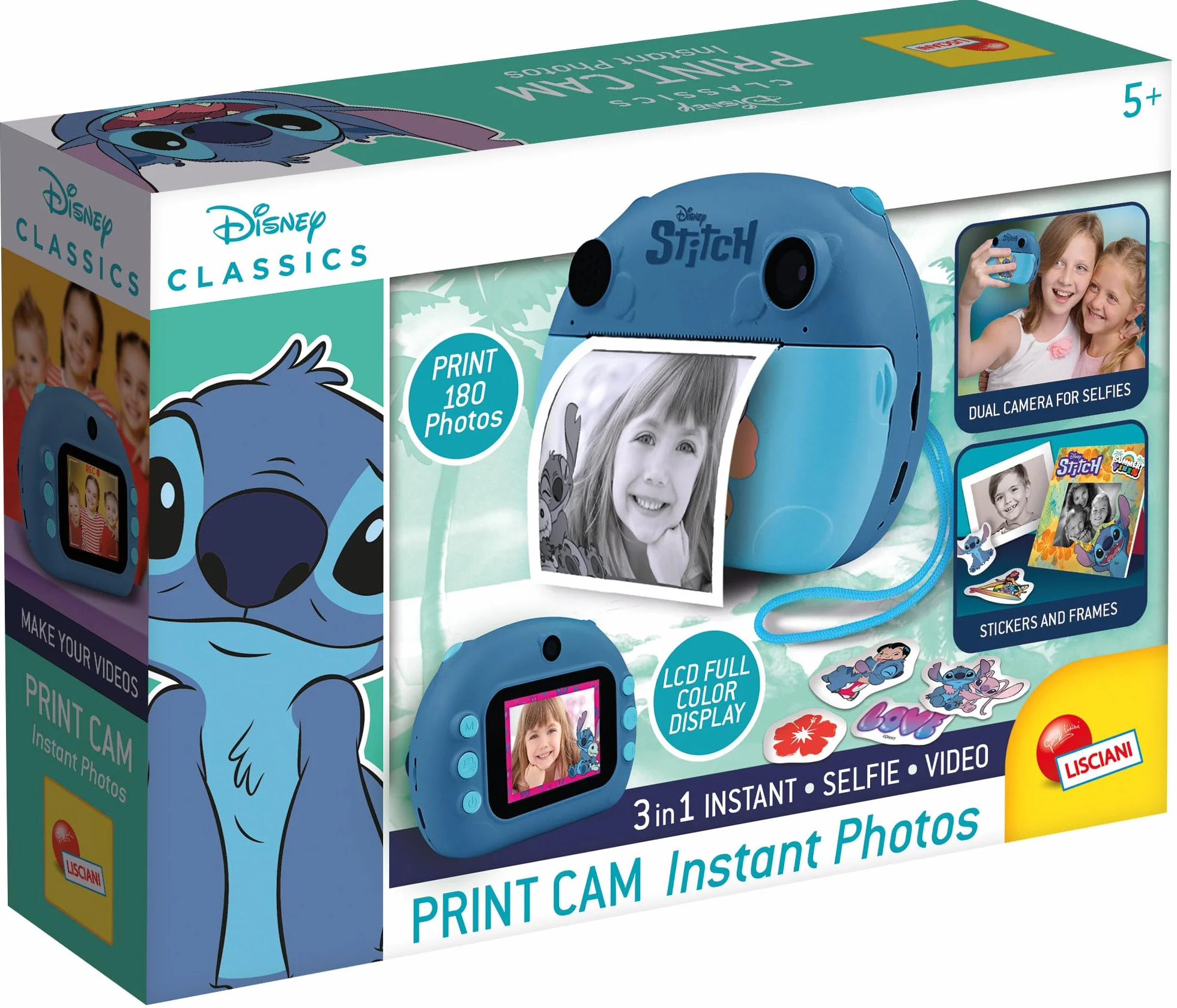 Lisciani – aparat natychmiastowy DISNEY Stitch – przechwytywanie, drukowanie i udostępnianie dla dzieci w wieku od 6 miesięcy – funkcja selfie i wideo – zawiera 3 rolki na 180 zdjęć, pasek i