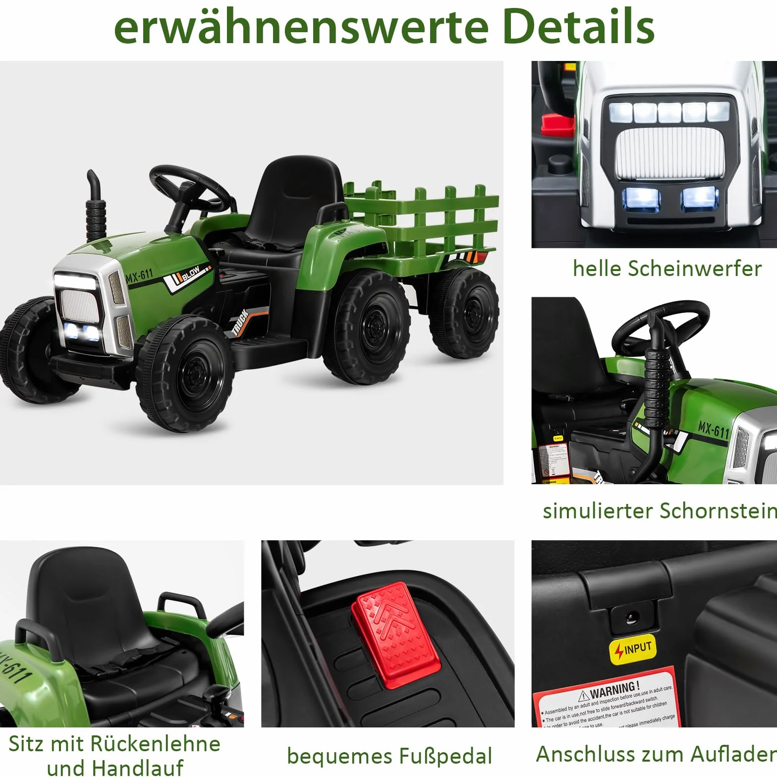 COSTWAY Traktor 12 V, 3-biegowy ze zdejmowaną przyczepą i pilotem zdalnego sterowania 2,4 G, traktor do siedzenia dla dzieci ze światłami LED, muzyka, klakson i funkcje USB, odpowiedni dla dzieci od 3
