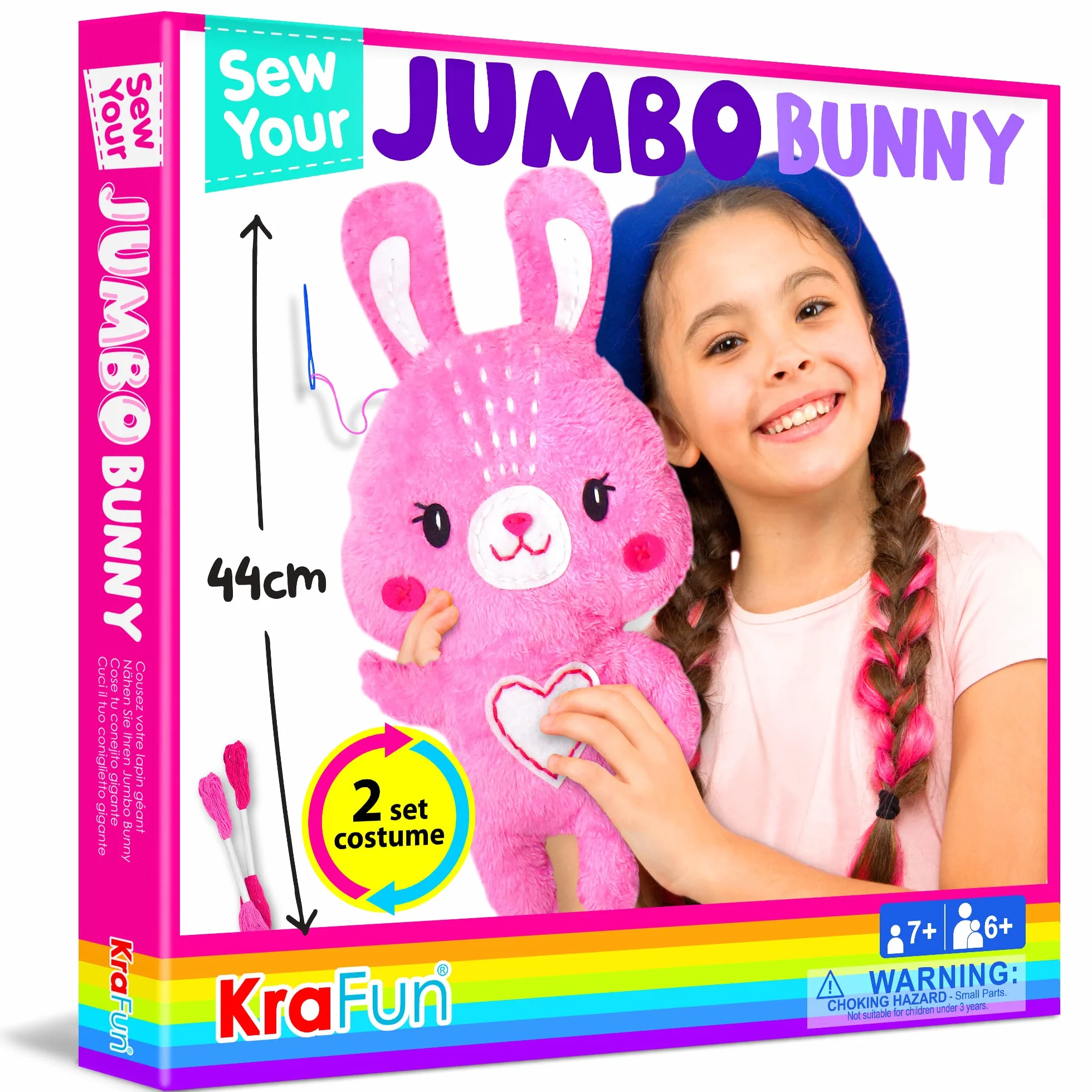 KRAFUN Big Jumbo Bunny Animal Zestaw do szycia dla dzieci Początkujący Moja pierwsza sztuka i rękodzieło, zrób 1 wypchaną lalkę z 2 kostiumami, instrukcjami i pluszowymi materiałami filcowymi