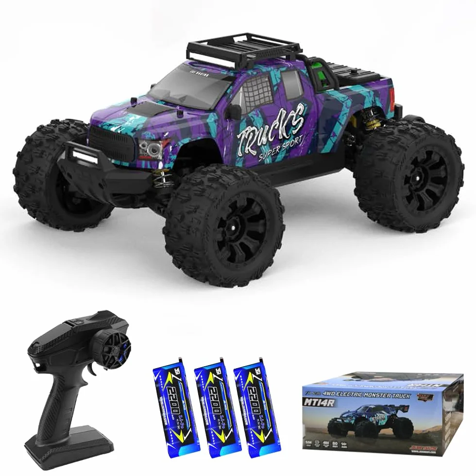 Zdalnie sterowany samochód dla dorosłych, 1/14, maksymalna prędkość 100 km/h, bezszczotkowy silnik 3S RC, wysoka prędkość, Offroad Drift, 4WD Off Road Race Buggy, 3 baterie (fioletowy)
