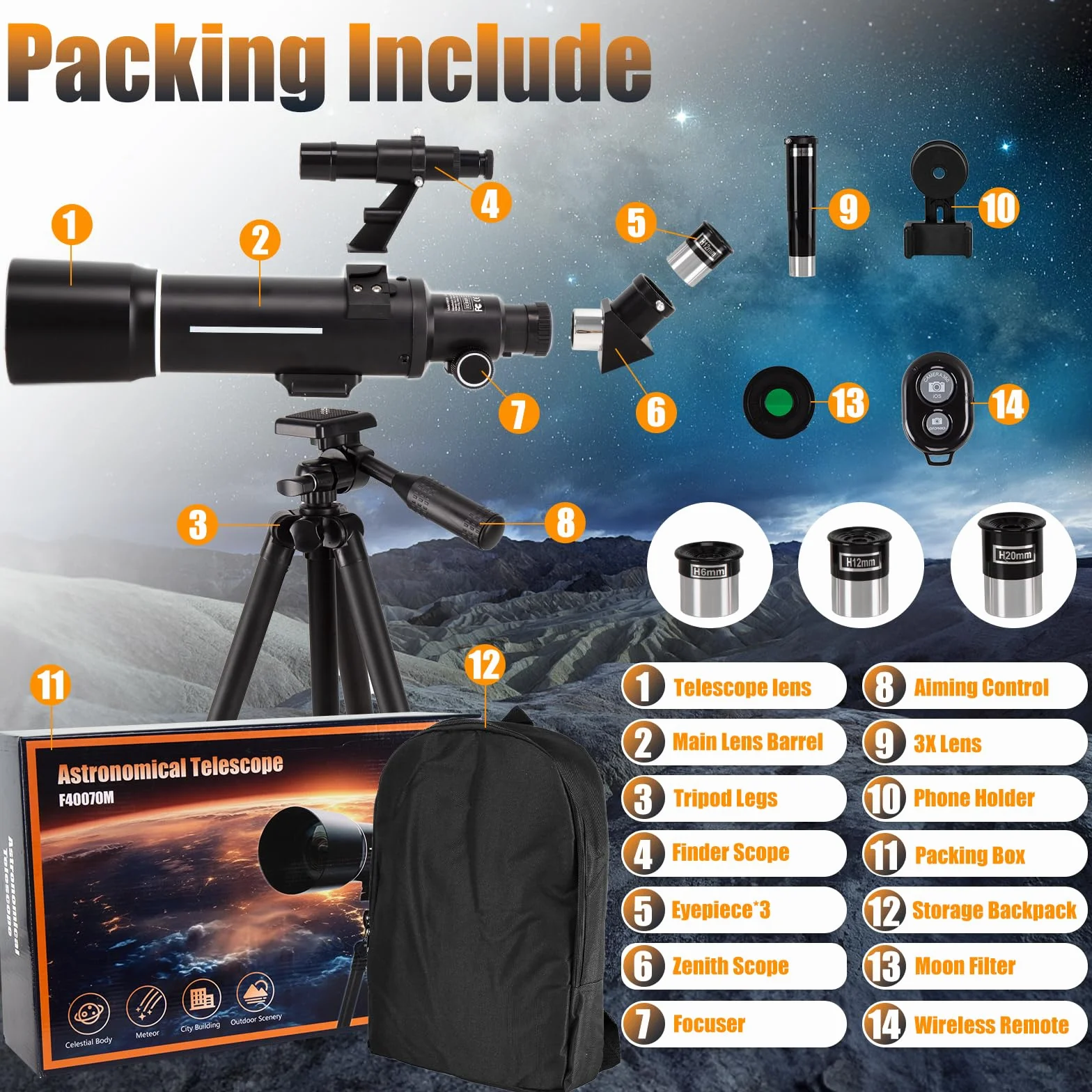 Teleskop Astronomiczny 500/70mm, 200x, ze statywem, adapter do telefonu, filtr księżycowy i 3 okulary, dla początkujących i dzieci