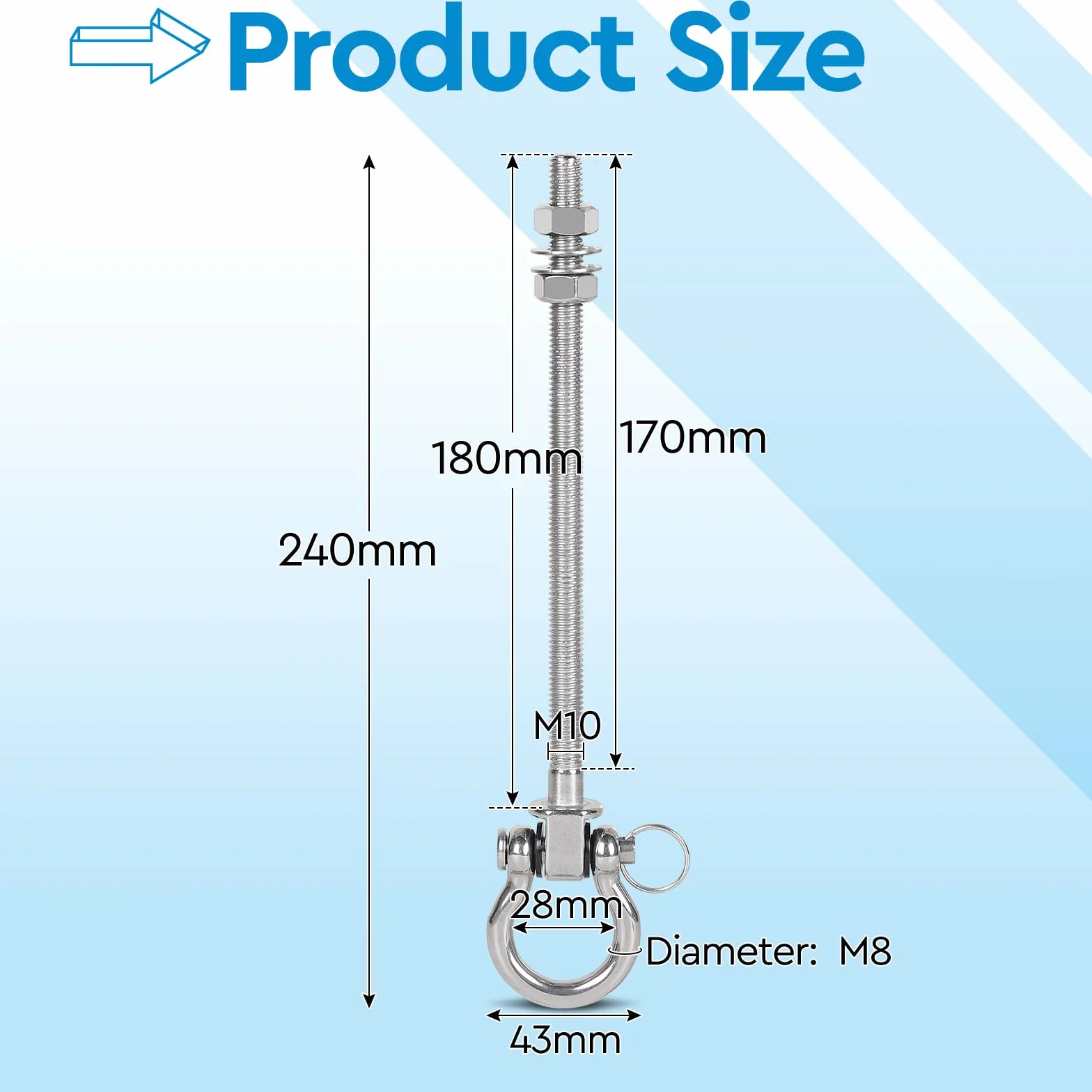 efuturetime 4 x hak huśtawkowy do dużych obciążeń M10, 240 mm, hak do huśtawki, stal nierdzewna 304, do drewna, metalu, betonu, mocowania z łożyskami igiełkowymi do swobodnego, cichego obracania