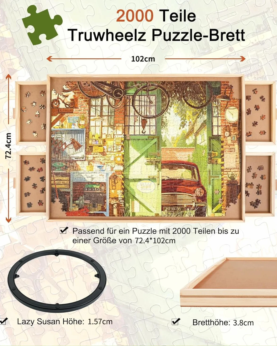 Obrotowy stół logiczny Lazy Susan z szufladą i pokrywą, drewniany, 102 x 72,4 cm