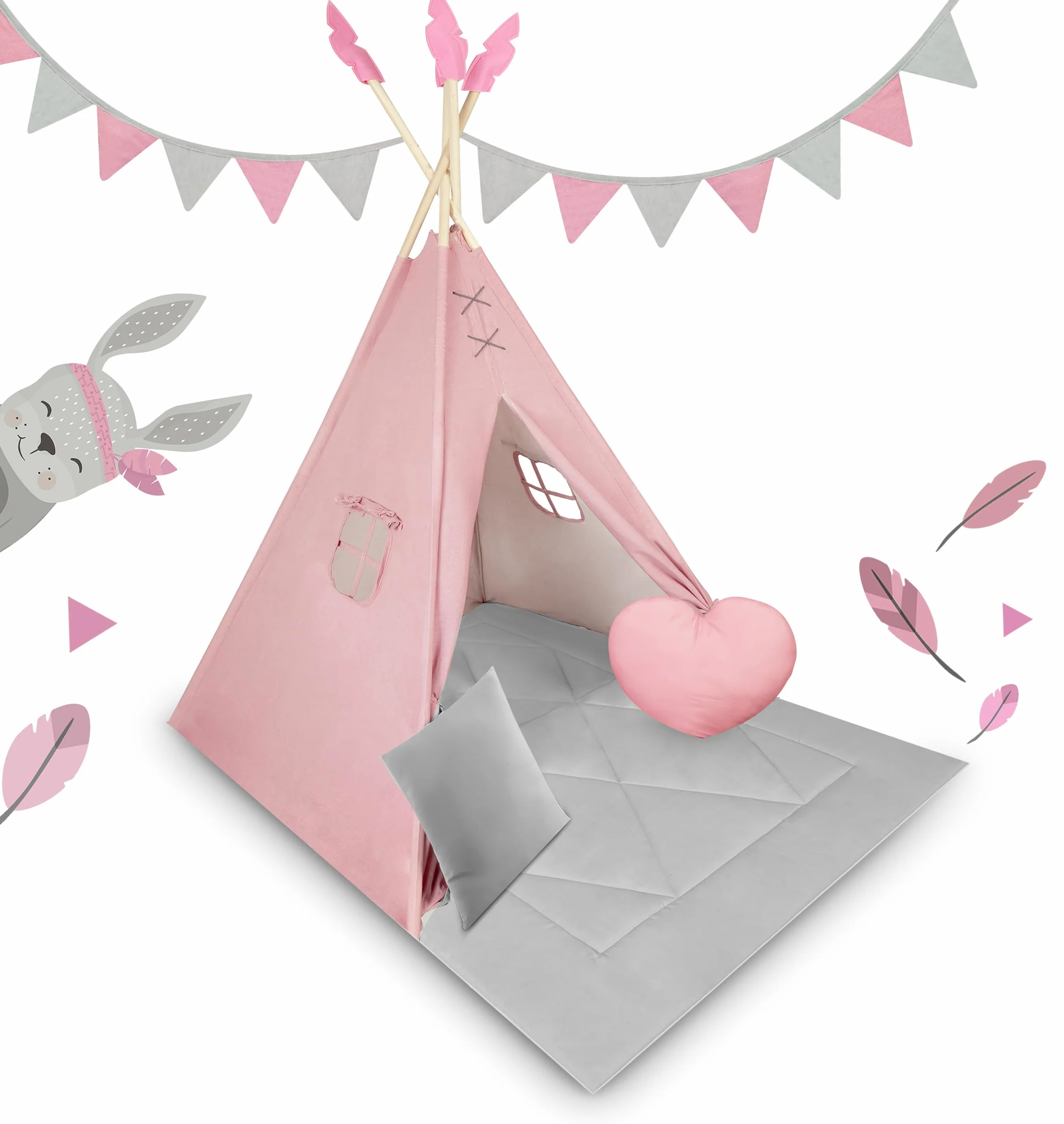 Nukido namiot dla dzieci tipi teepee wigwam z girlandą, poduszkami, dużą matą i stabilizatorem różowo-szary