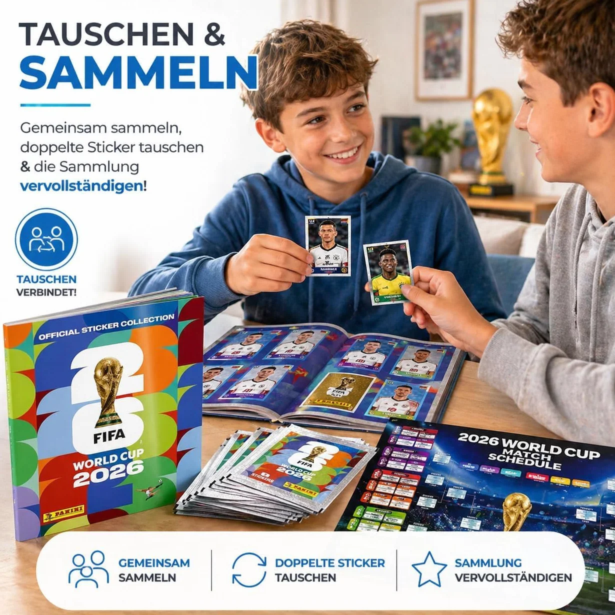 TK Gruppe Timo Klingler Panini Mistrzostwa Świata 2026 XXL Set – Album & Naklejki – Plan Meczów, Wianek Kibica, Album Kolekcjonerski do Zbierania Piłkarskich Naklejek (50 Saszetek / 350 Naklejek)