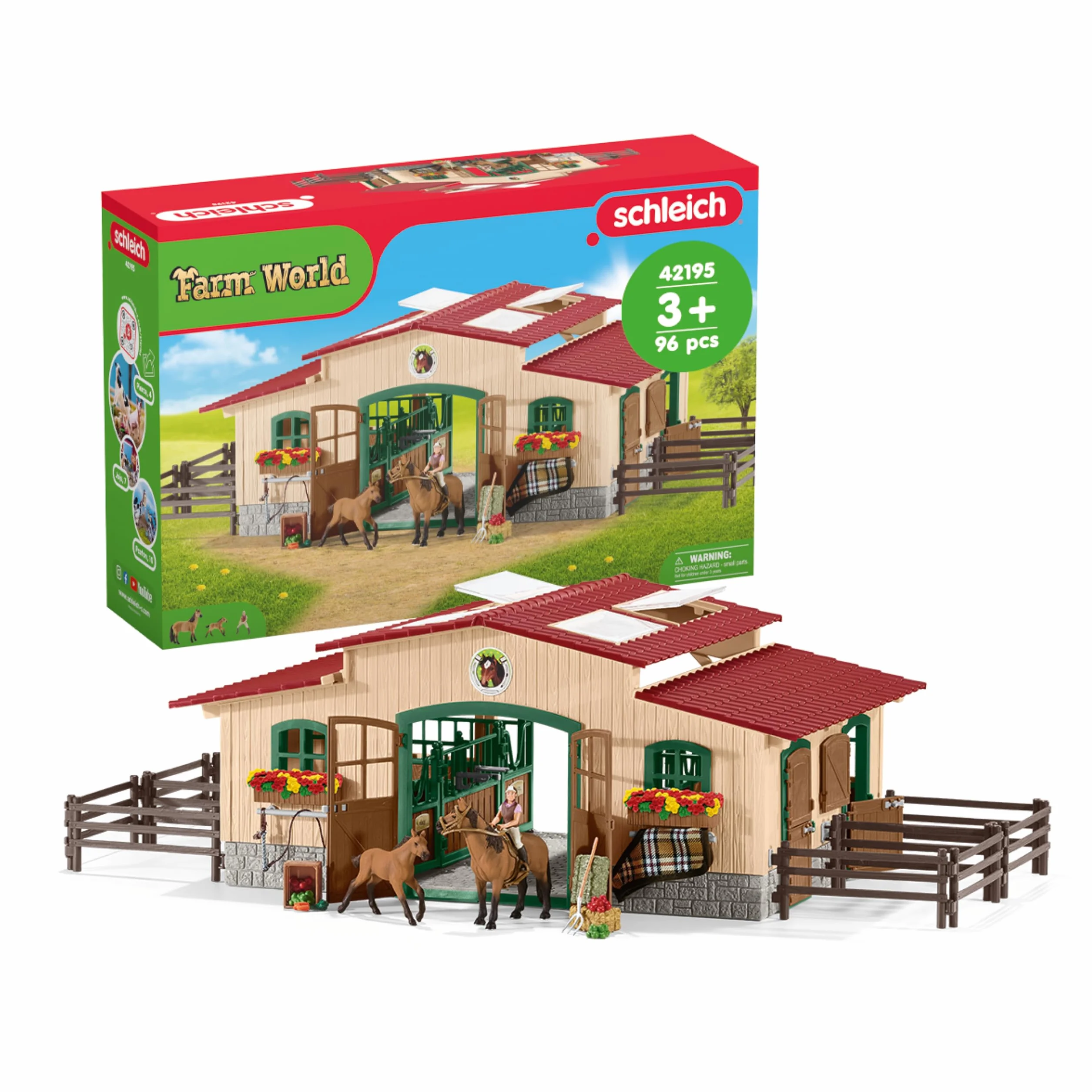 schleich FARM WORLD | Stajnia z końmi i akcesoriami 42195 | Zestaw ze stajnią, padokiem, 2 końmi, figurką dziewczynki i akcesoriami | Zabawka farma od 3 lat | 96 elementów | Ekskluzywnie na Amazon