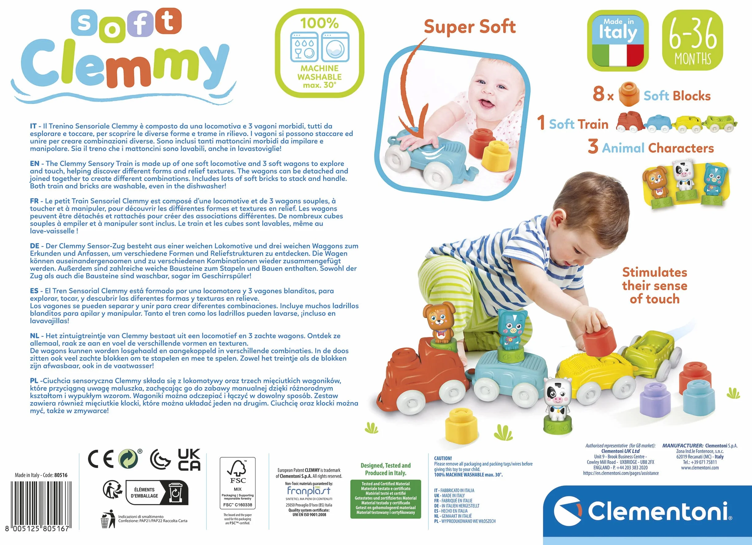 Clementoni Clemmy-Soft Zwierzęta 6 miesięcy (włoski, angielski, francuski, niemiecki, hiszpański, holenderski i polski), wyprodukowano we Włoszech, wielokolorowy, 80516, ekskluzywny Amazon
