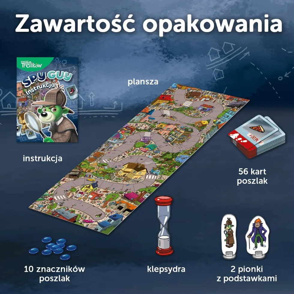 Trefl - Spy Guy - Kooperacyjna Gra Detektywistyczna, Rodzinna Gra Planszowa, Szukaj Dowodów i Złap Przestępcę, Ogromna Plansza z Miastem, Familijna Gra dla Dorosłych i Dzieci od 5 lat
