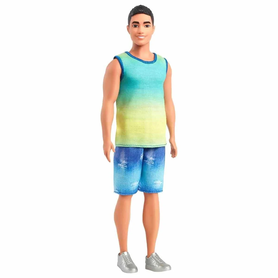 Barbie Fashionistas Ken Lalka #236 z czarnymi włosami, w niebiesko-zielonej koszulce z efektem ombre, dżinsowych szortach i srebrnych bucikach sportowych, HYV00