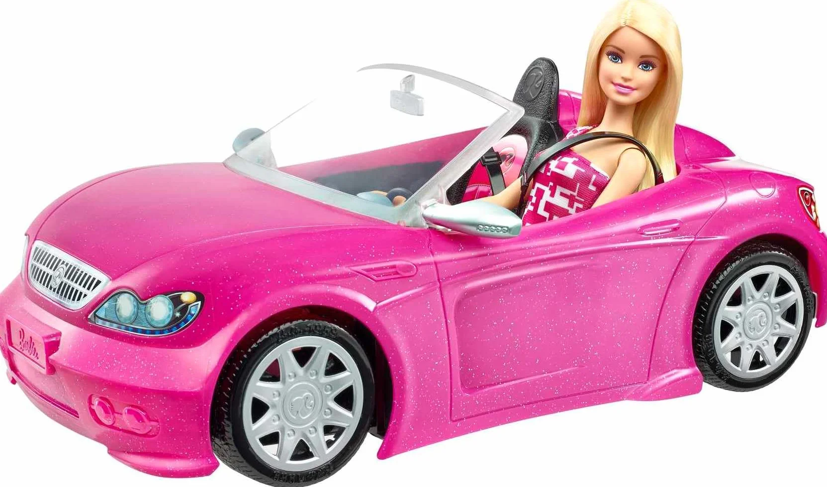 Barbie Playset with Sparkly Pink 2-Seater Toy Convertible Car Featuring Glam Details & Fashion Doll in Sundress & Sunglasses (Amazon Exclusive), DJR55