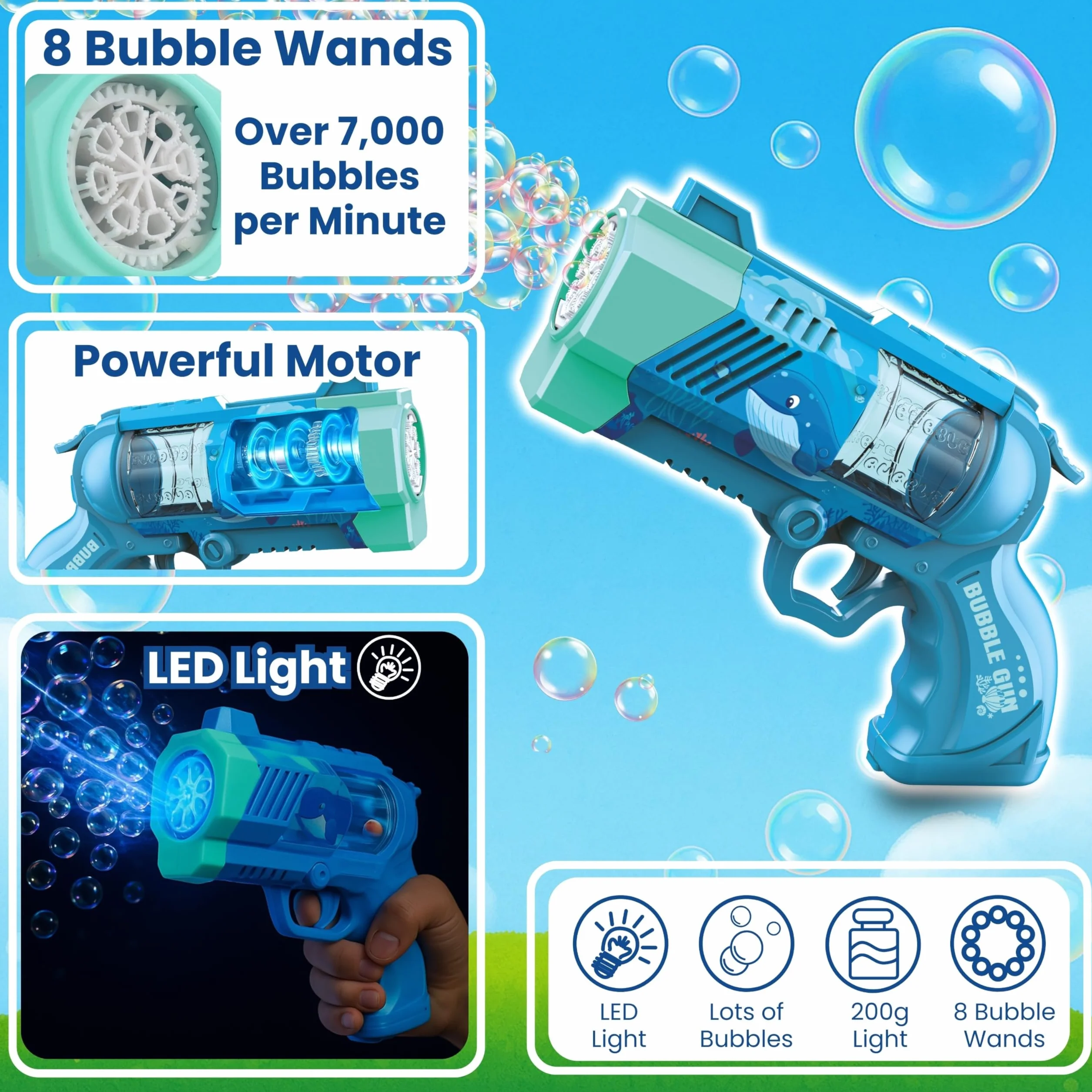 Blubbel Pistolet do Baniek, Maszyna z LED, Zbiornik 80ml, Armata Bańkowa, Powietrzna Bazooka, Prezent dla Dzieci, Na Wesele