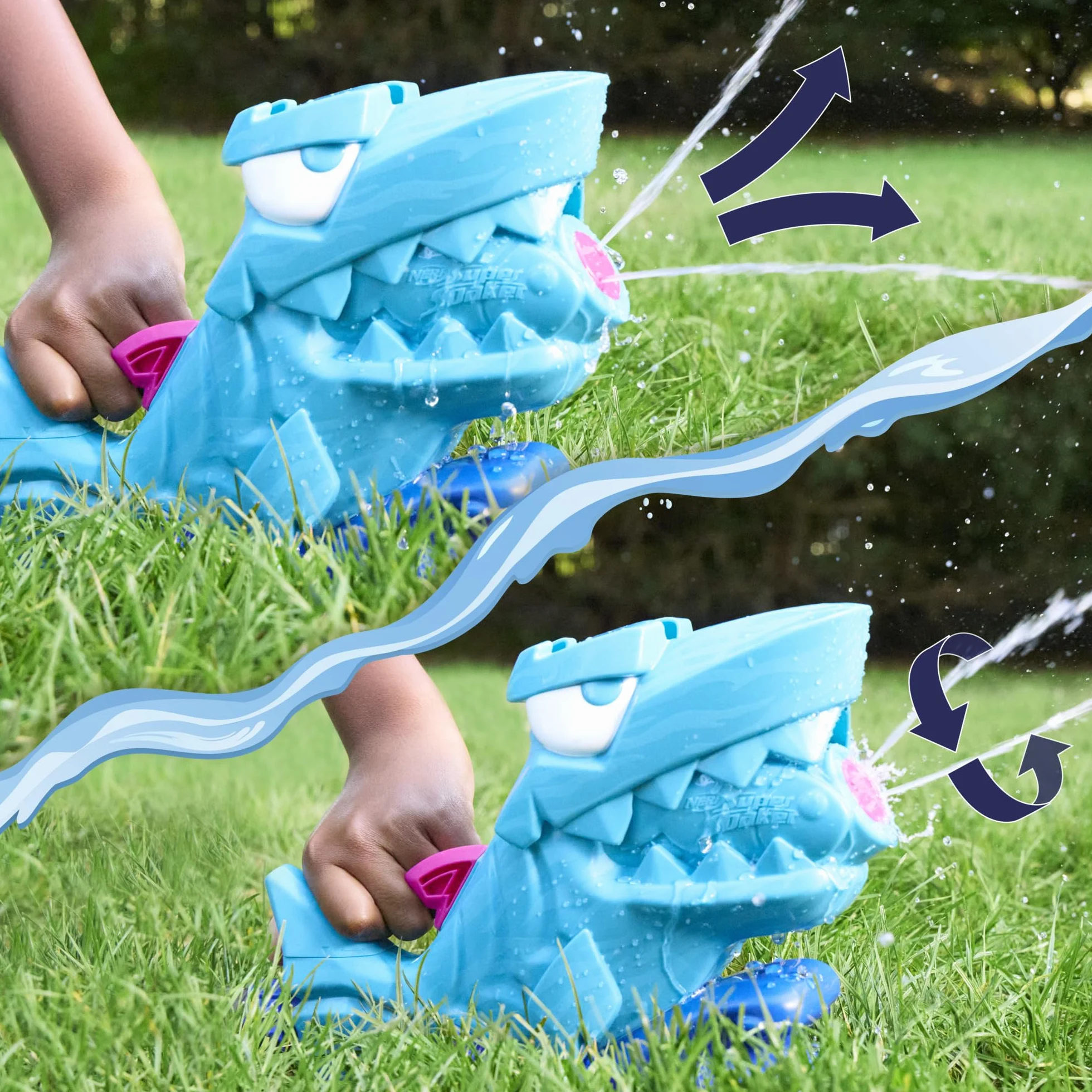 Zabawka wodna Nerf Super Soaker Hop & Chomp, polewanie strumieniami wody, kłapiąca szczęka, podłączanie do węża ogrodowego, zabawki dla dzieci do wodnej zabawy poza domem, wiek: od 3 lat