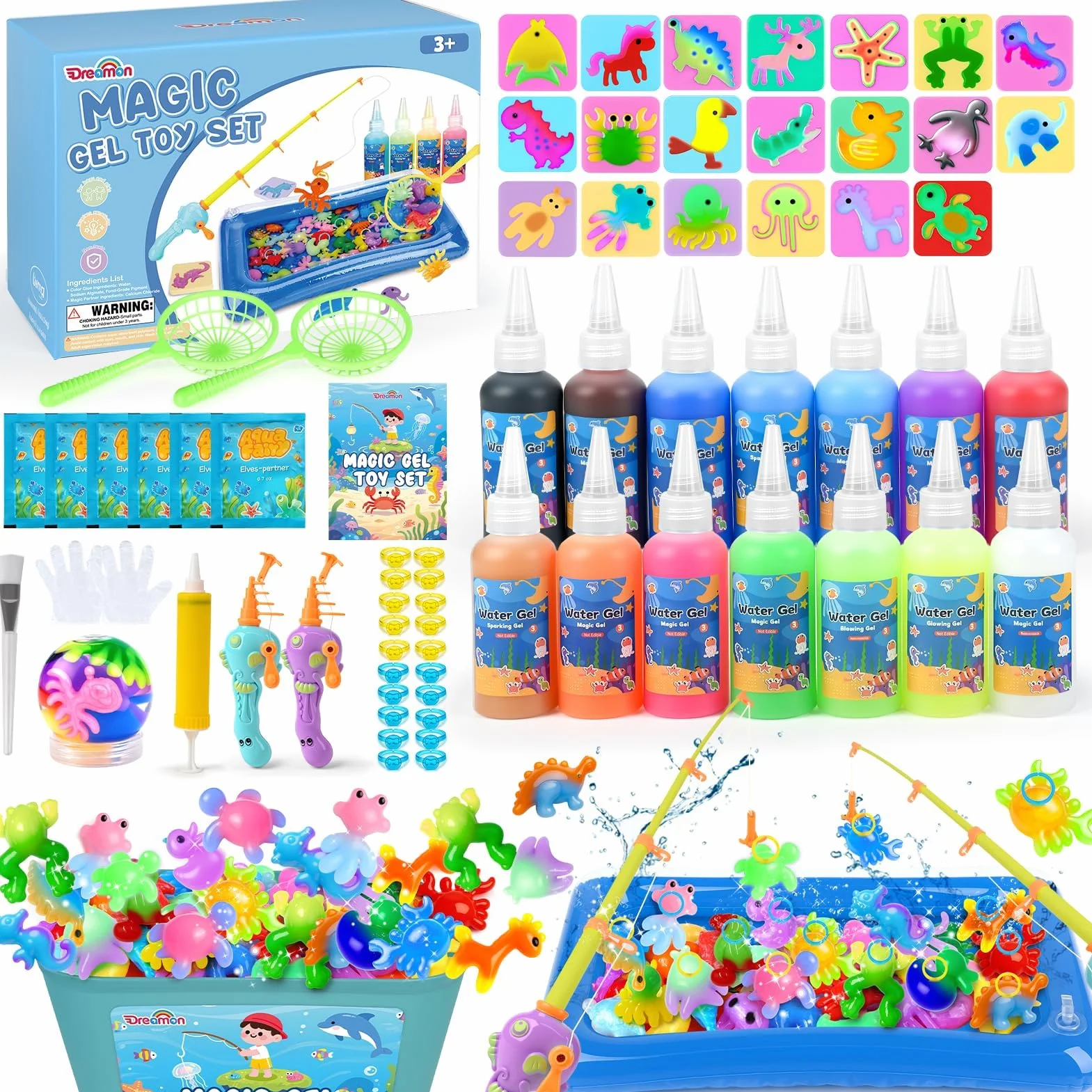 Dreamon Aqua Fairy zestaw do wędkowania, 71 szt., Magic Gel Water Kit z 14 kolorami, 2 wędkami i 20 foremkami, zestaw DIY Magic Jelly dla dzieci od 3 lat, prezent dla chłopców i dziewczynek