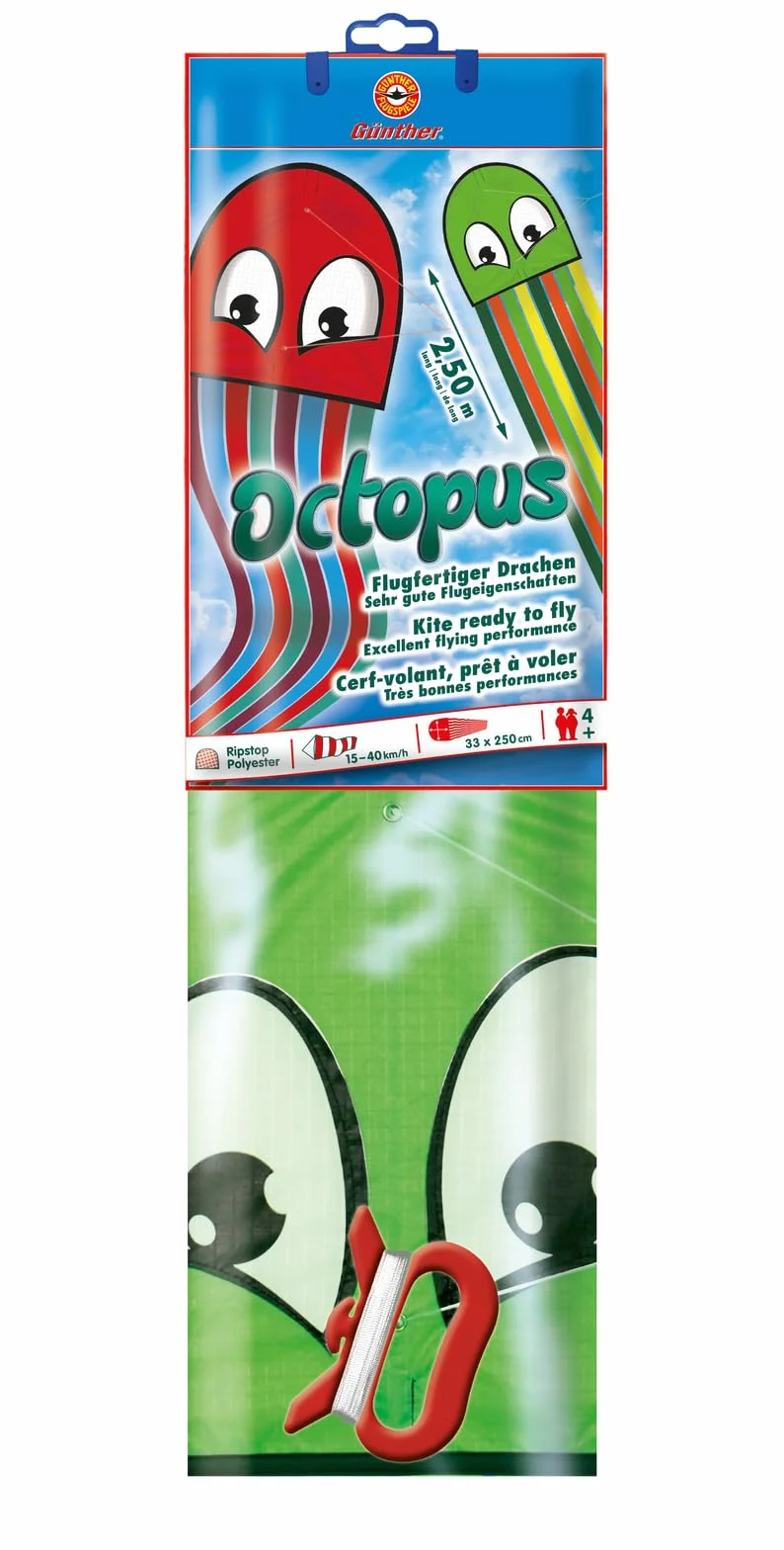Günther Flugspiele 1163 - Latawiec jednolinkowy Octopus, ok. 250 x 33 cm, latawiec dla dzieci wykonany z wytrzymałego poliestru, z uchwytem i sznurkiem, wieku od 4 lat, w asortymencie w 2 kolorach
