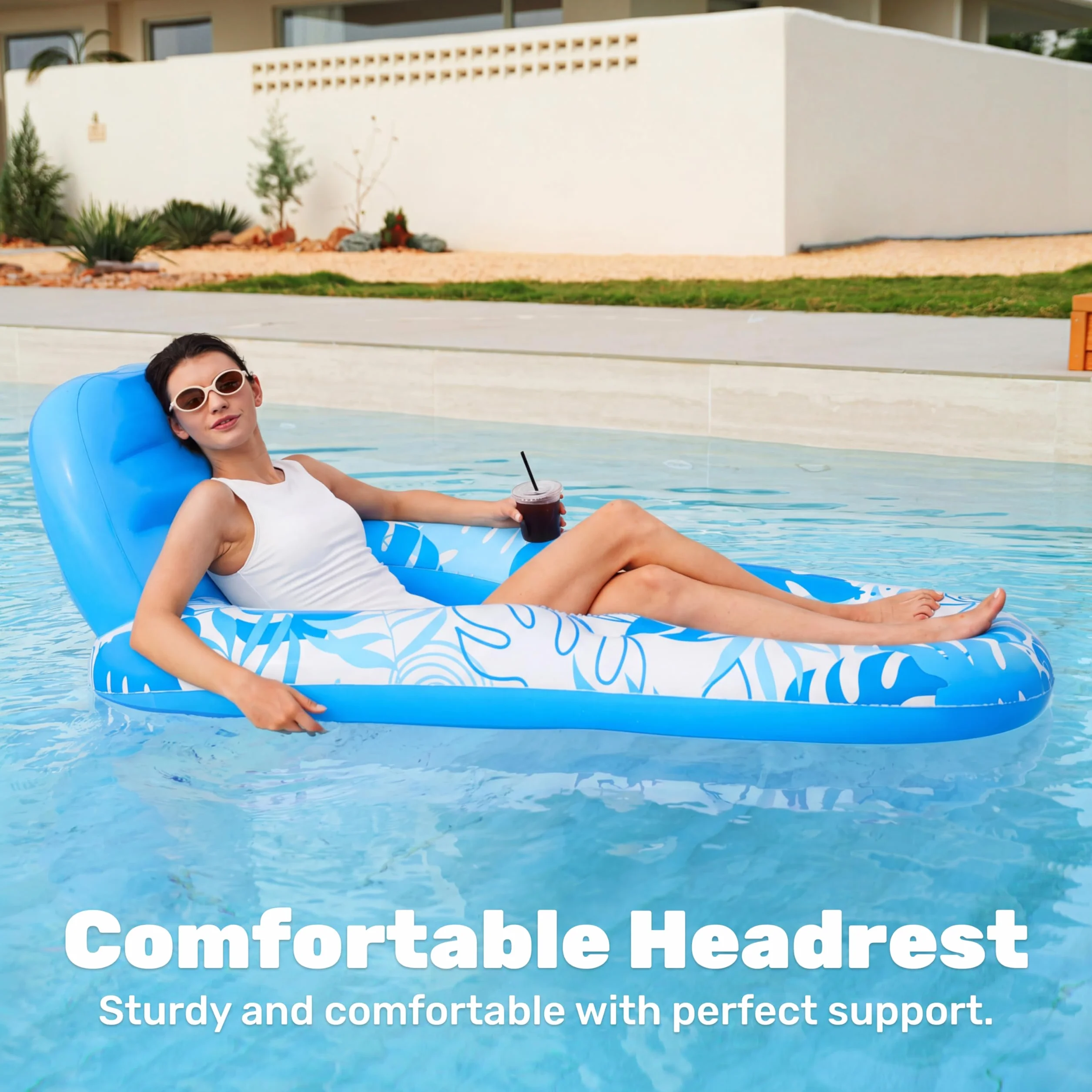 Sloosh Basen Lounge Float dla dorosłych, nadmuchiwany basen pływacki leżak pływający leżak pływający krzesło z uchwytami na kubki podnóżek pływak basen pływacki
