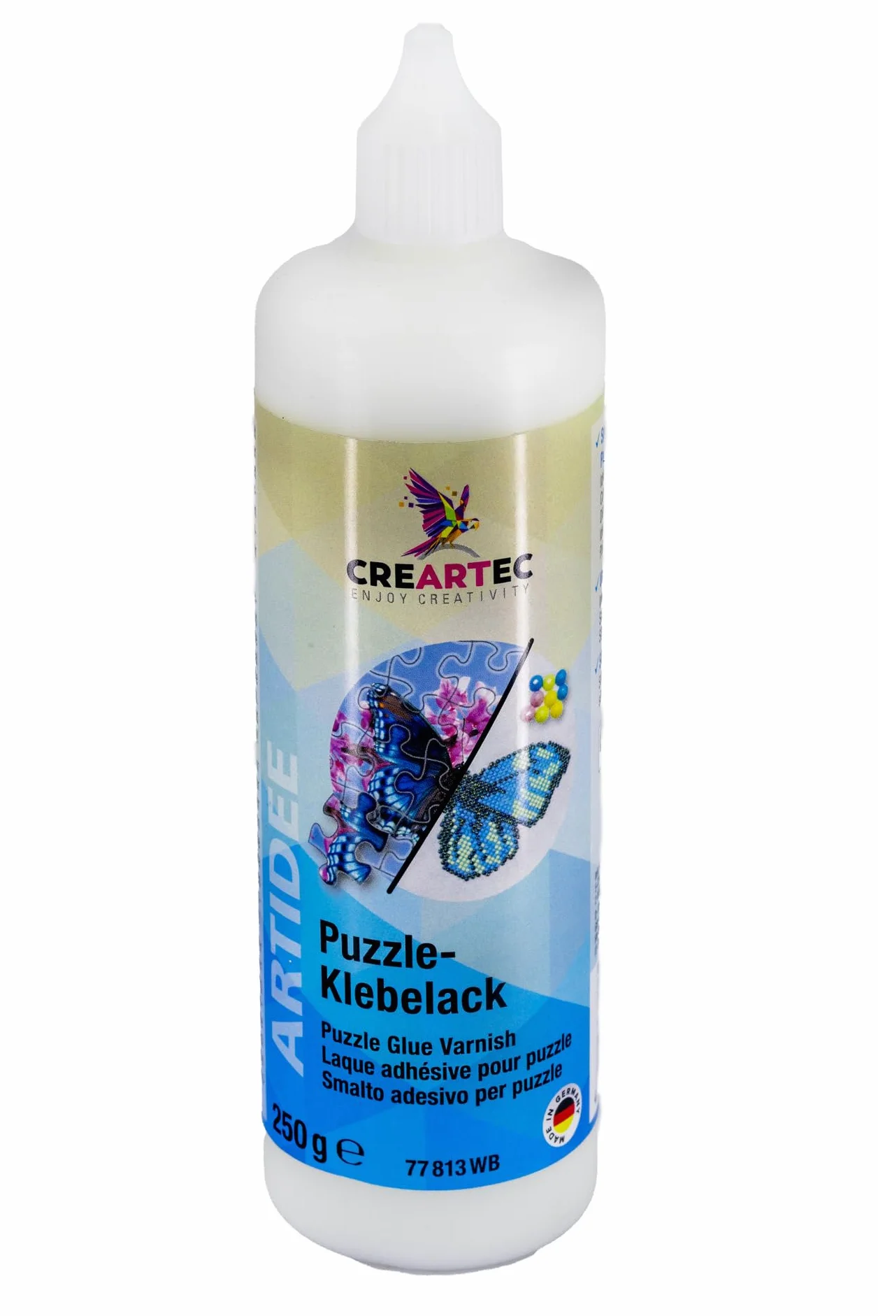 CREARTEC lakier do puzzli – do mocnego klejenia elementów puzzli i diamentowego malowania – niewidoczna powłoka – 250 g – Made in Germany
