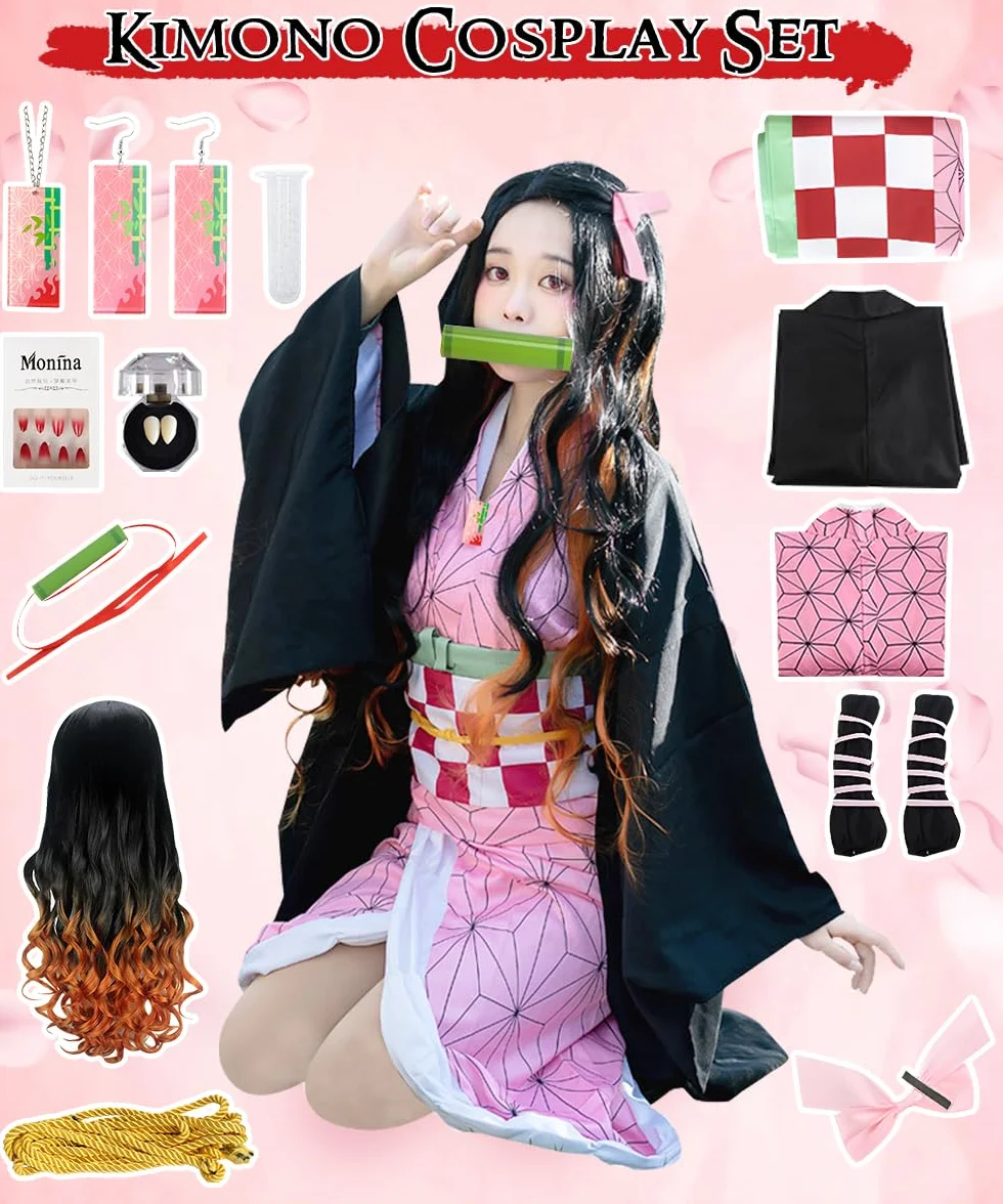 Kostium do cosplayu Nezuko Tanjirou, Kochou Shinobu, Mitsuri, zestaw kostiumowy, kimono, peleryna, prezent dla dzieci, na karnawał, Halloween, Boże Narodzenie
